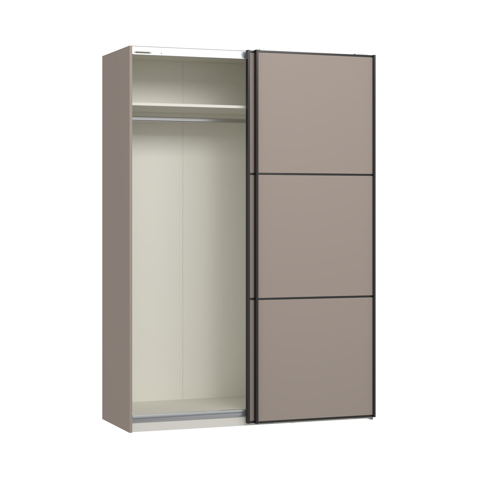 Schwebetürenschrank mit geöffneter linker Schiebetür und sichtbarem Innenraum mit Fachboden und Kleiderstange