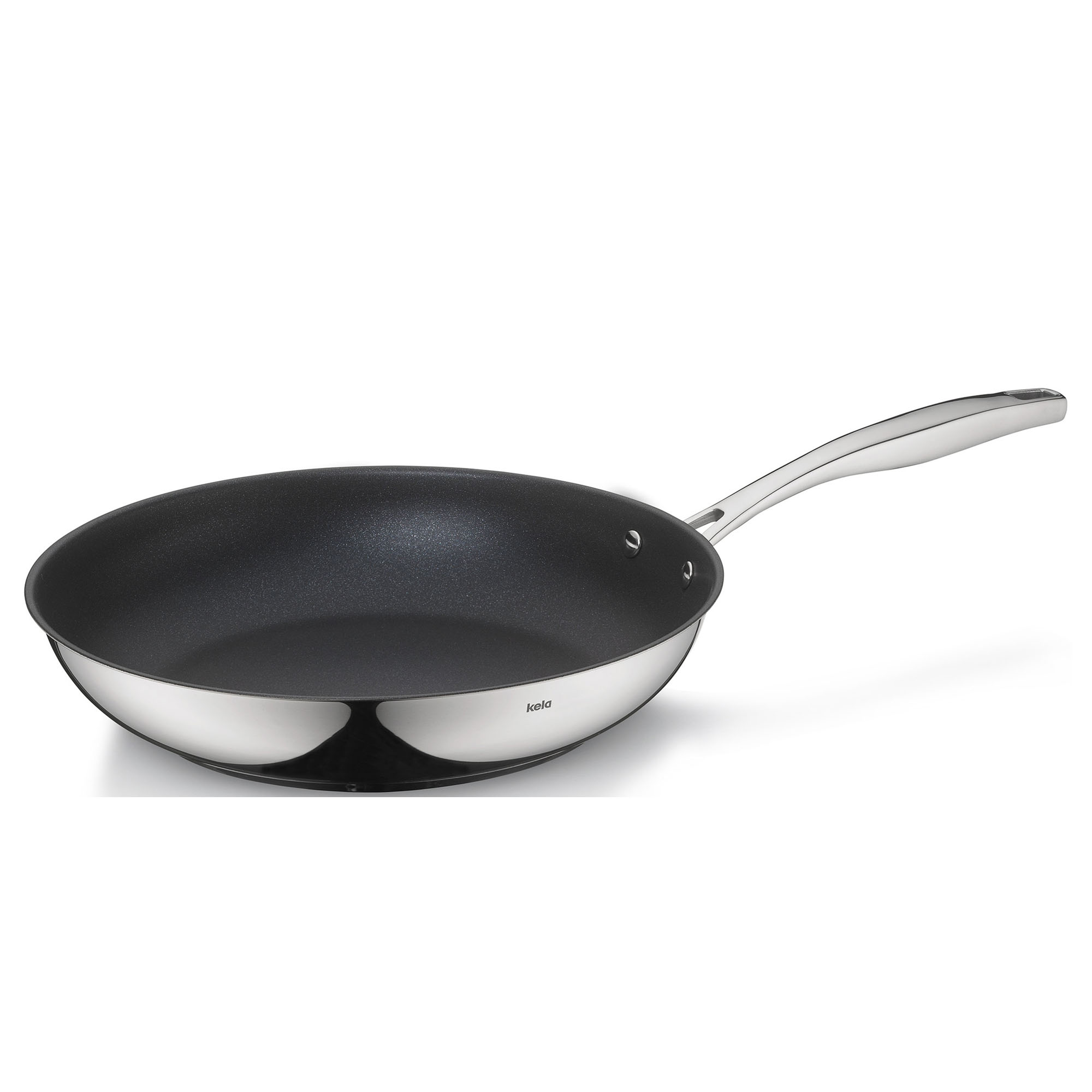 Schwarze Bratpfanne mit flachem Boden und langem silberfarbenem Edelstahlgriff