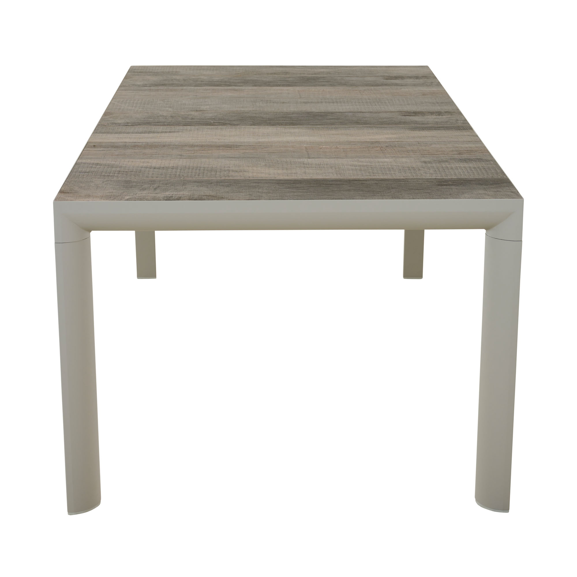 Gartentisch mit grauer Tischplatte aus Holzoptik-Elementen mit minimalem Abstand und hellgrauem Gestell, frontal aufgenommen.