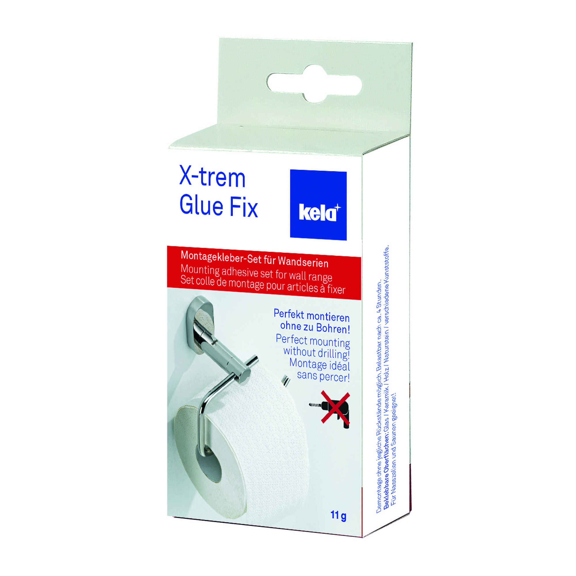 Transparentes Klebe Set X Trem Glue Fix in weißer Verkaufsverpackung auf weißem Hintergrund