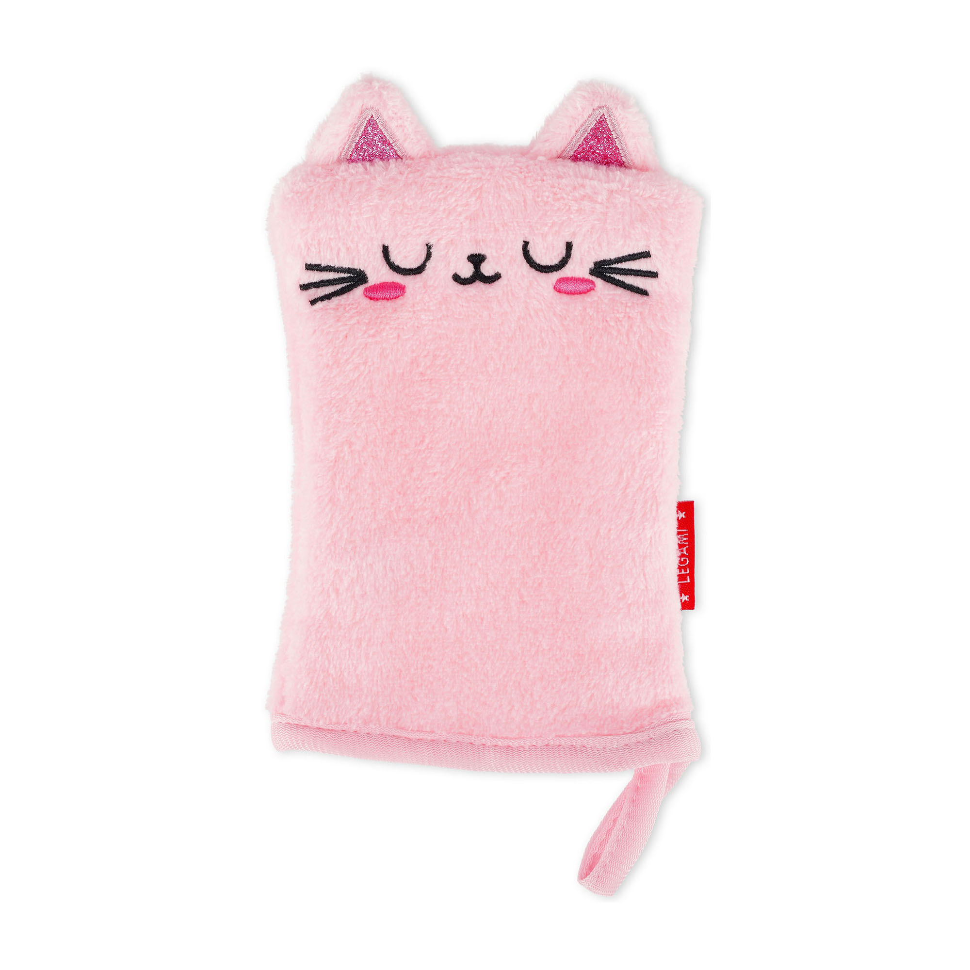 Rosafarbener Abschminkhandschuh im Katzen-Design, aufrecht mit Tierohren, Gesicht und Schlaufe dargestellt.