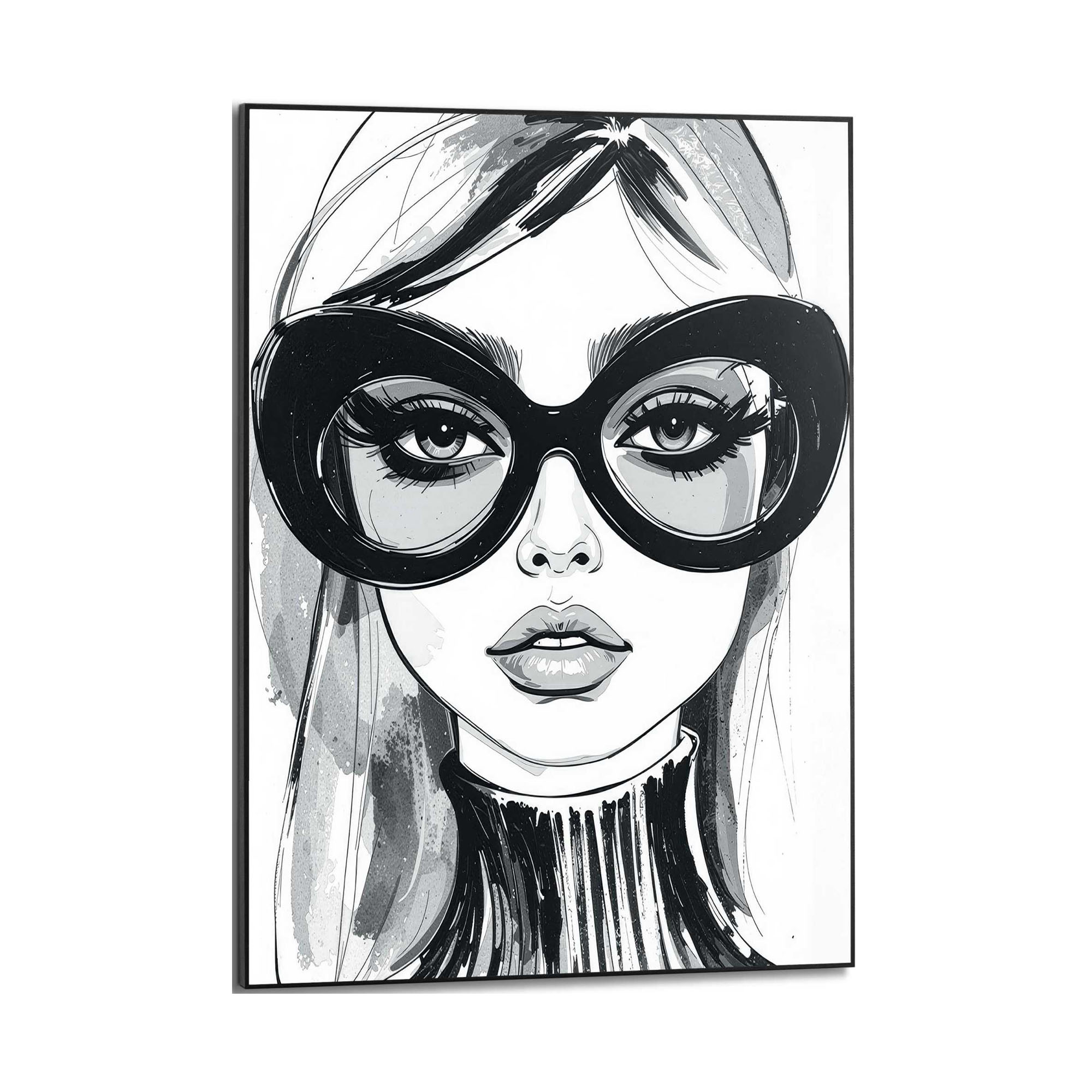 Frontansicht des Wandbilds „Fashion Glasses“ in Schwarz-Weiß, Größe 50 × 70 cm; das vollständige Motiv ist zu sehen.