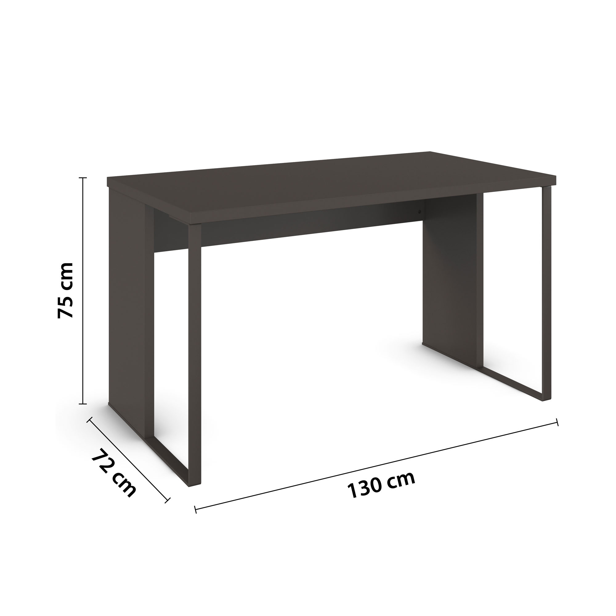 Schreibtisch mit Maßangaben Länge 130 cm, Tiefe 72 cm und Höhe 75 cm