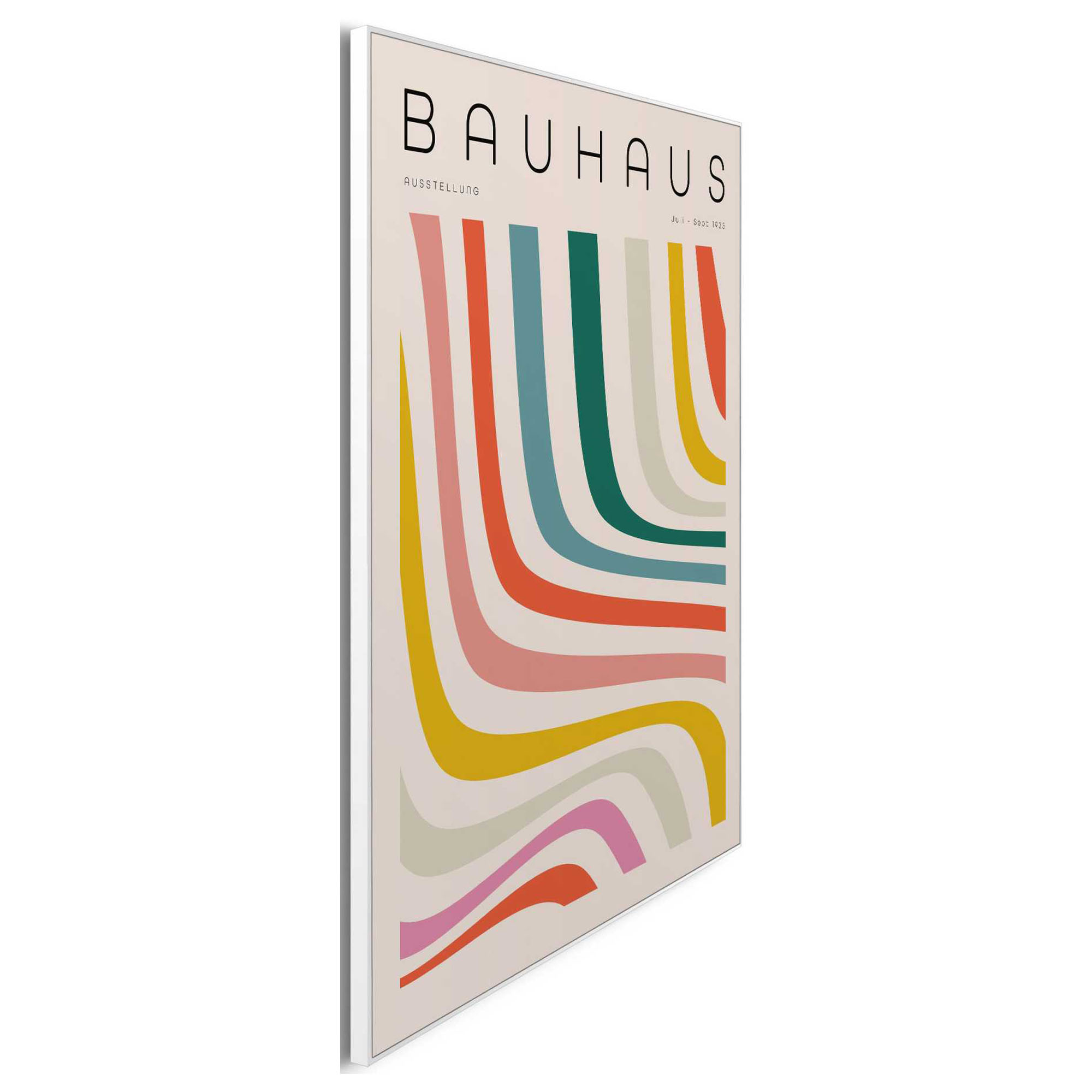 Seitliche Schrägansicht des Wandbilds „Bauhaus Colourful“, 40 × 50 cm; Profil, Kante und Tiefe des Bildes sind erkennbar.
