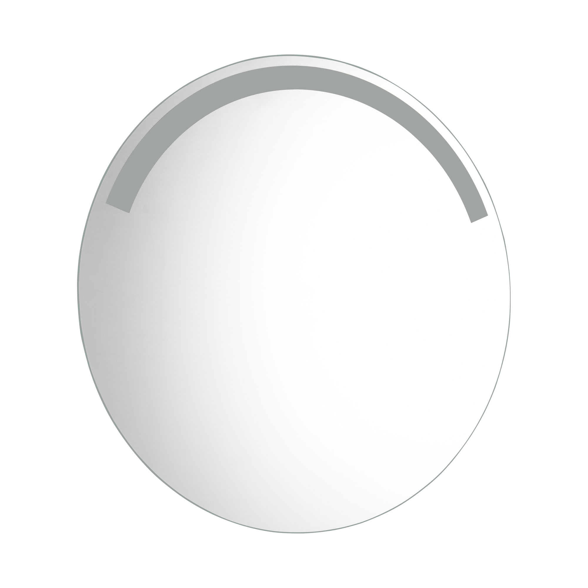 LED-Spiegel Agda, frontal mit einem hellen Segment im oberen Randbereich; Maße ca. 60 x 60 x 4 cm.