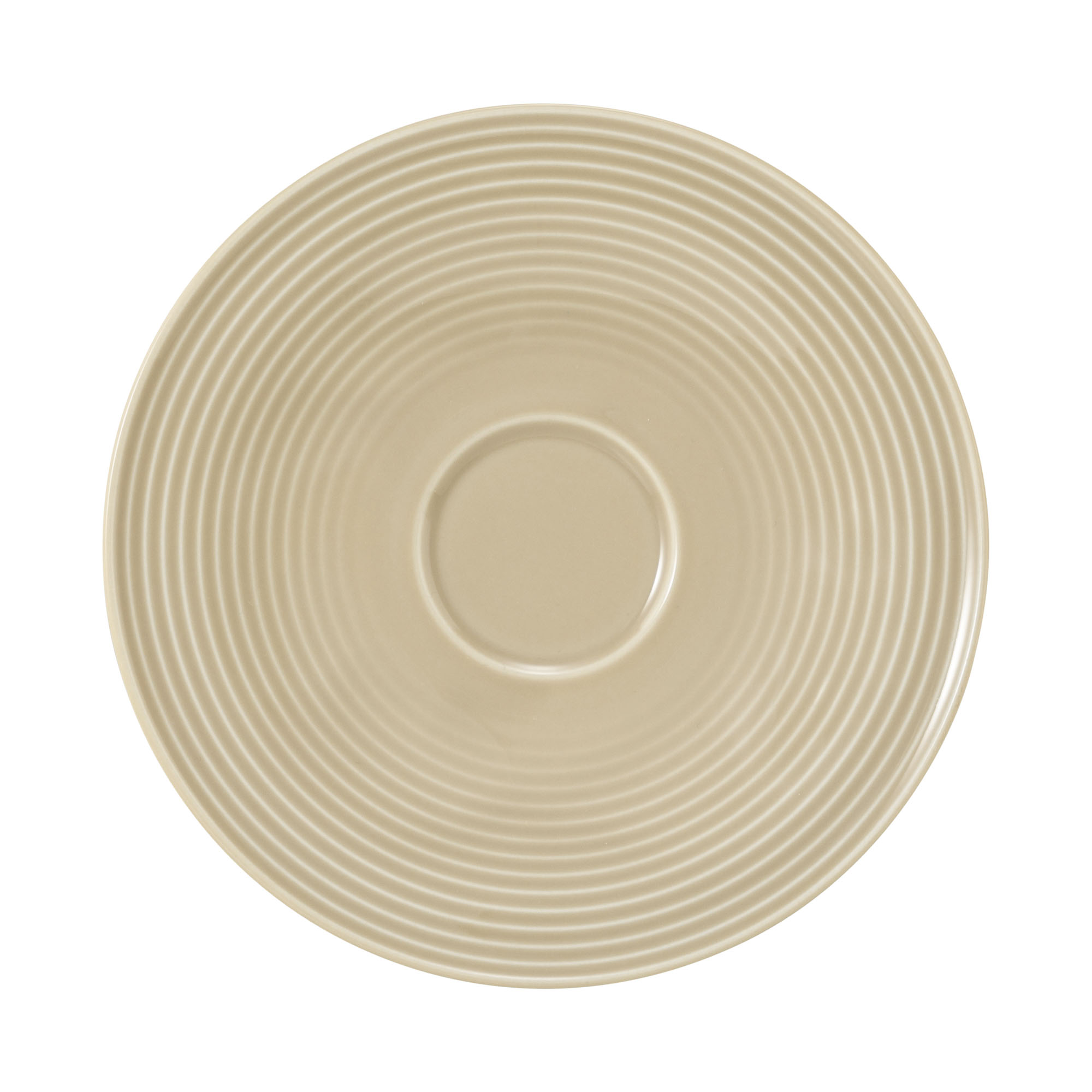 Untertasse in Sandbeige; rund mit konzentrischen Rillen und Tassenmulde. Ansicht: Draufsicht.