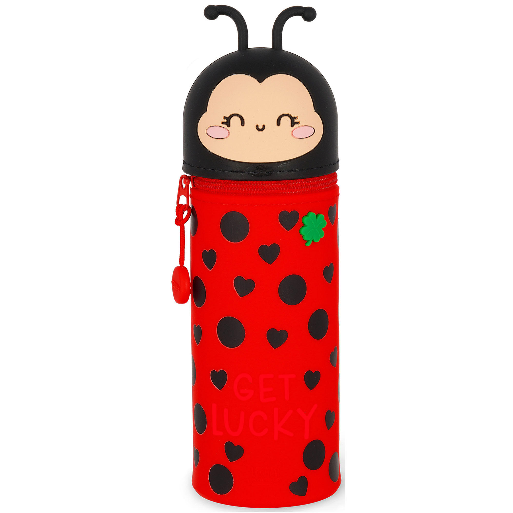 Rotes 2-in-1-Silikon-Federmäppchen im Marienkäfer-Design, geschlossen und aufrecht als Tierfigur dargestellt.