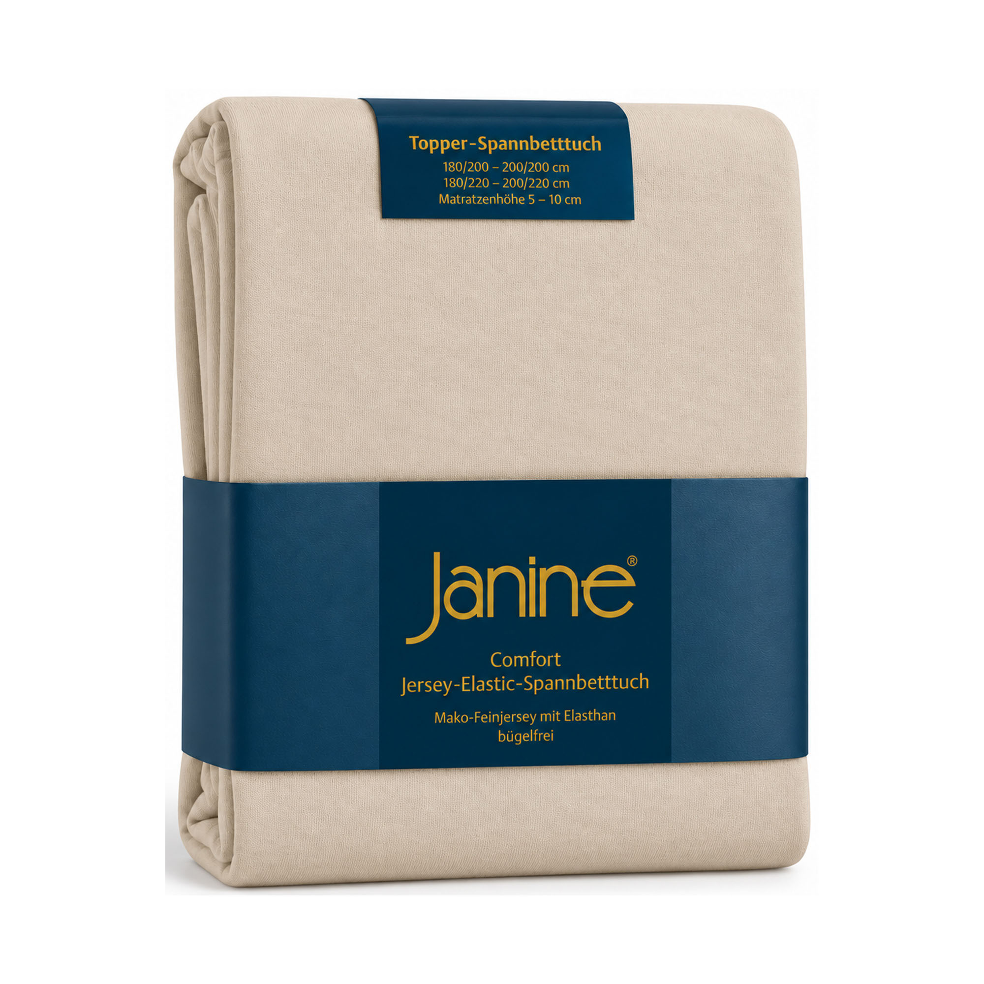 Gefaltetes Janine Topper-Spannbetttuch 5001 in Sand mit dunkelblauer Banderole und sichtbarer Jersey-Struktur.