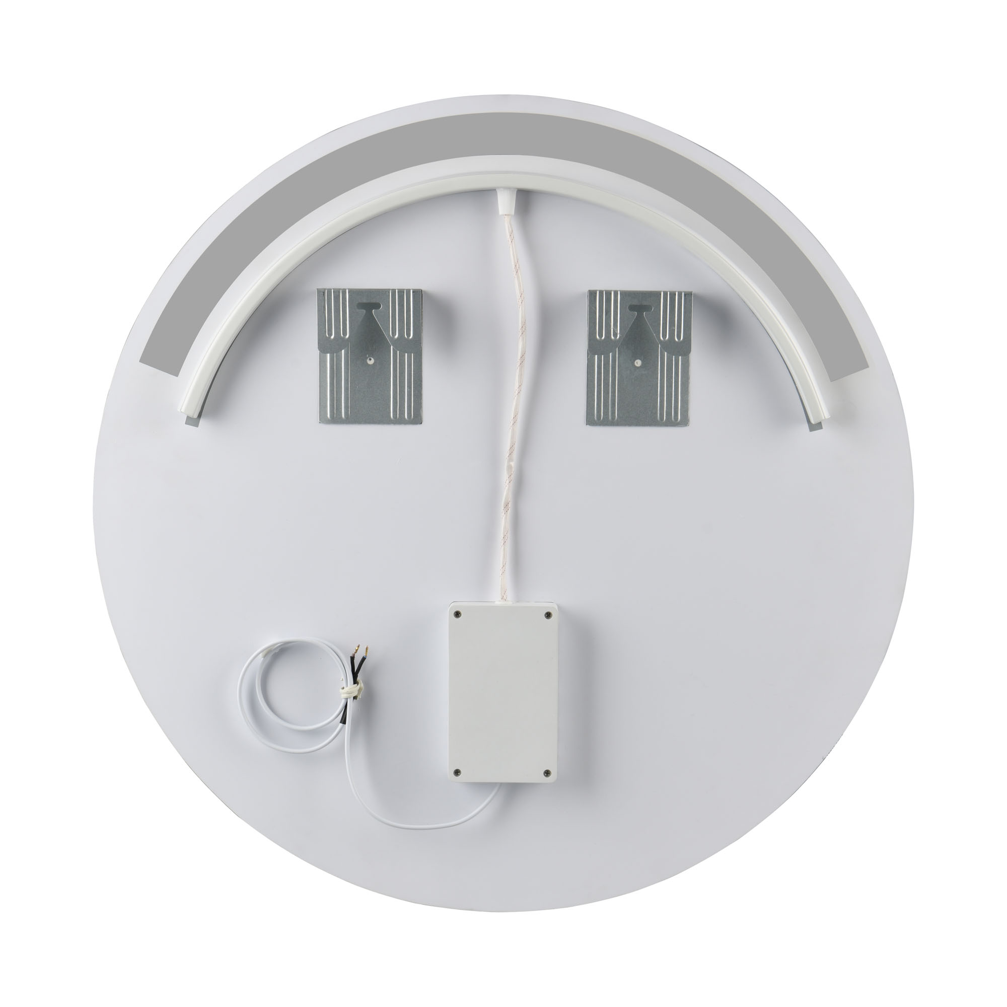 LED-Spiegel Agda, von der Rückseite mit Halterungen und Anschlussbox; Maße ca. 60 x 60 x 4 cm.
