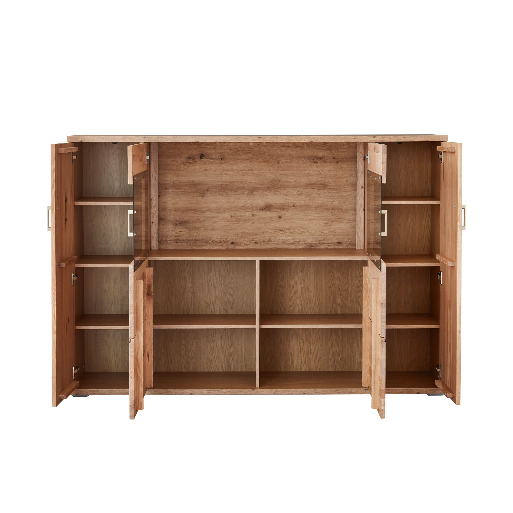 Geöffnetes Highboard mit mehreren Einlegeböden Schubladen offenen Fächern und Stauraum hinter den Türen