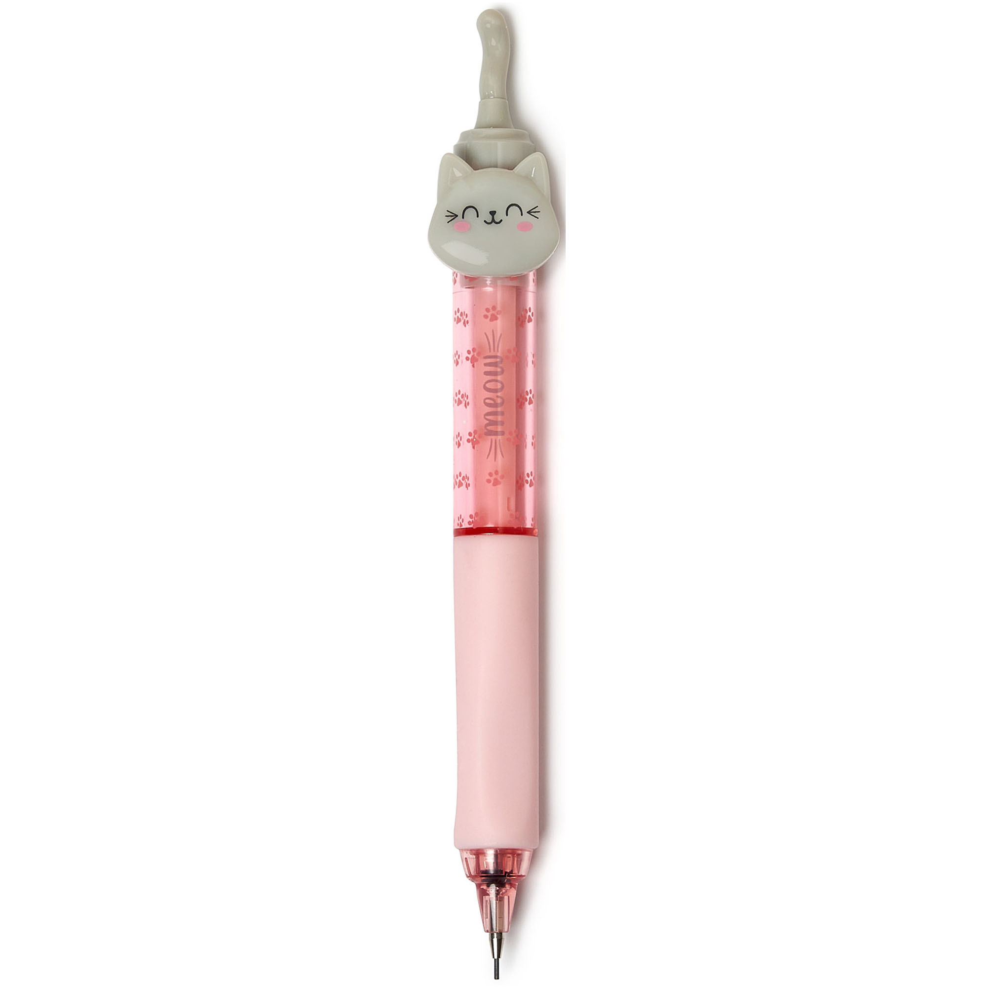 Rosa Druckbleistift mit Katzenfigur, senkrecht und vollständig auf weißem Hintergrund dargestellt.