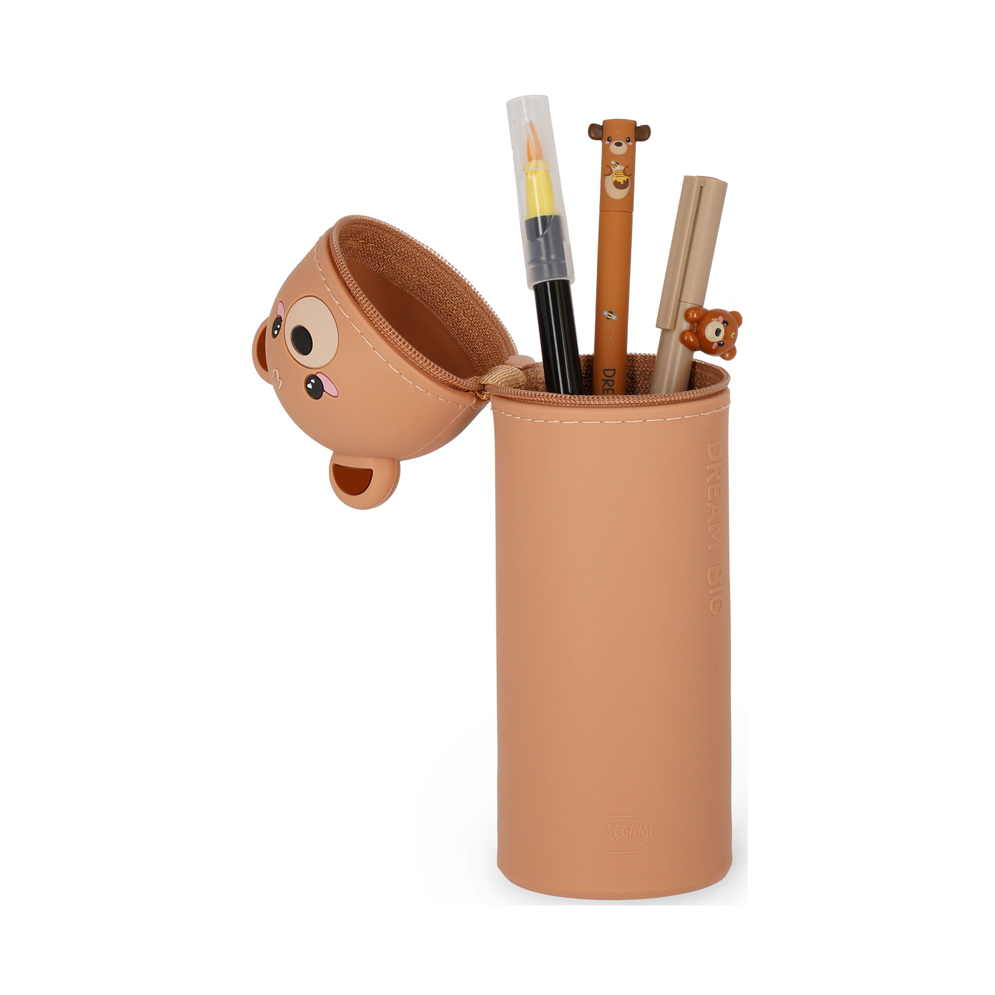 Braunes 2-in-1-Silikon-Federmäppchen im Teddybär-Design, geöffnet und nach unten geschoben als Stiftebecher mit eingesetzten Stiften gezeigt.