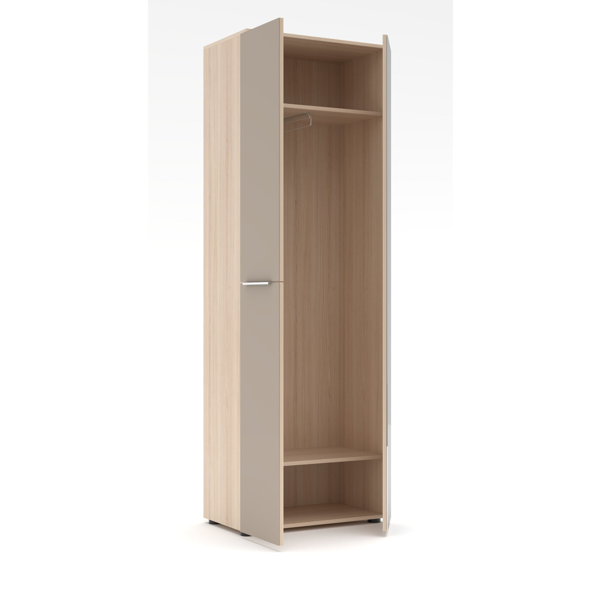 Geöffneter Garderobenschrank mit hellem Holzinnenraum. Oben befindet sich ein Fach, darunter eine Kleiderstange und unten ein weiteres Ablagefach. Die linke Tür ist teilweise geöffnet.
