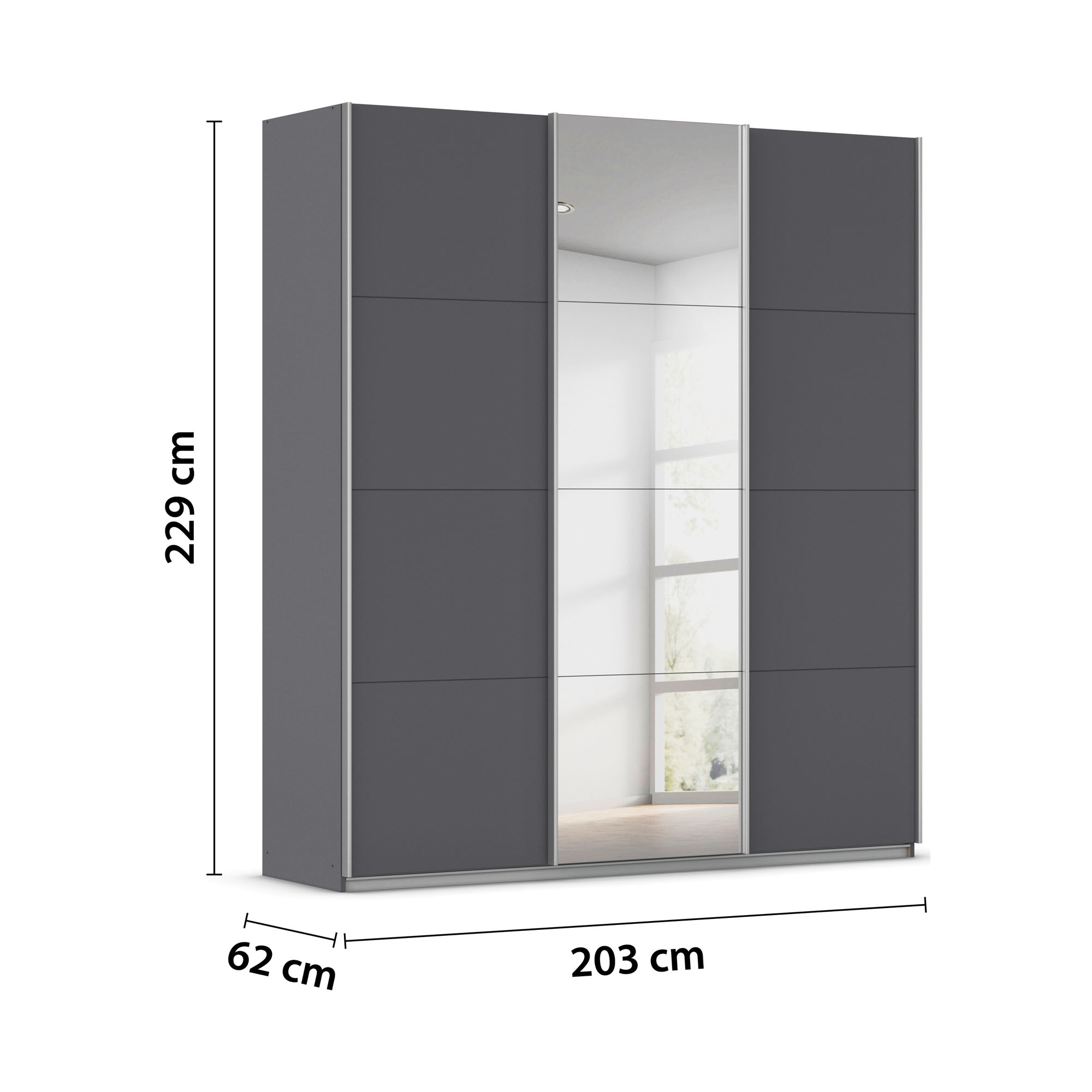 Kleiderschrank in Grau-Metallic mit Spiegel und Maßangaben 203 cm Breite, 229 cm Höhe und 62 cm Tiefe