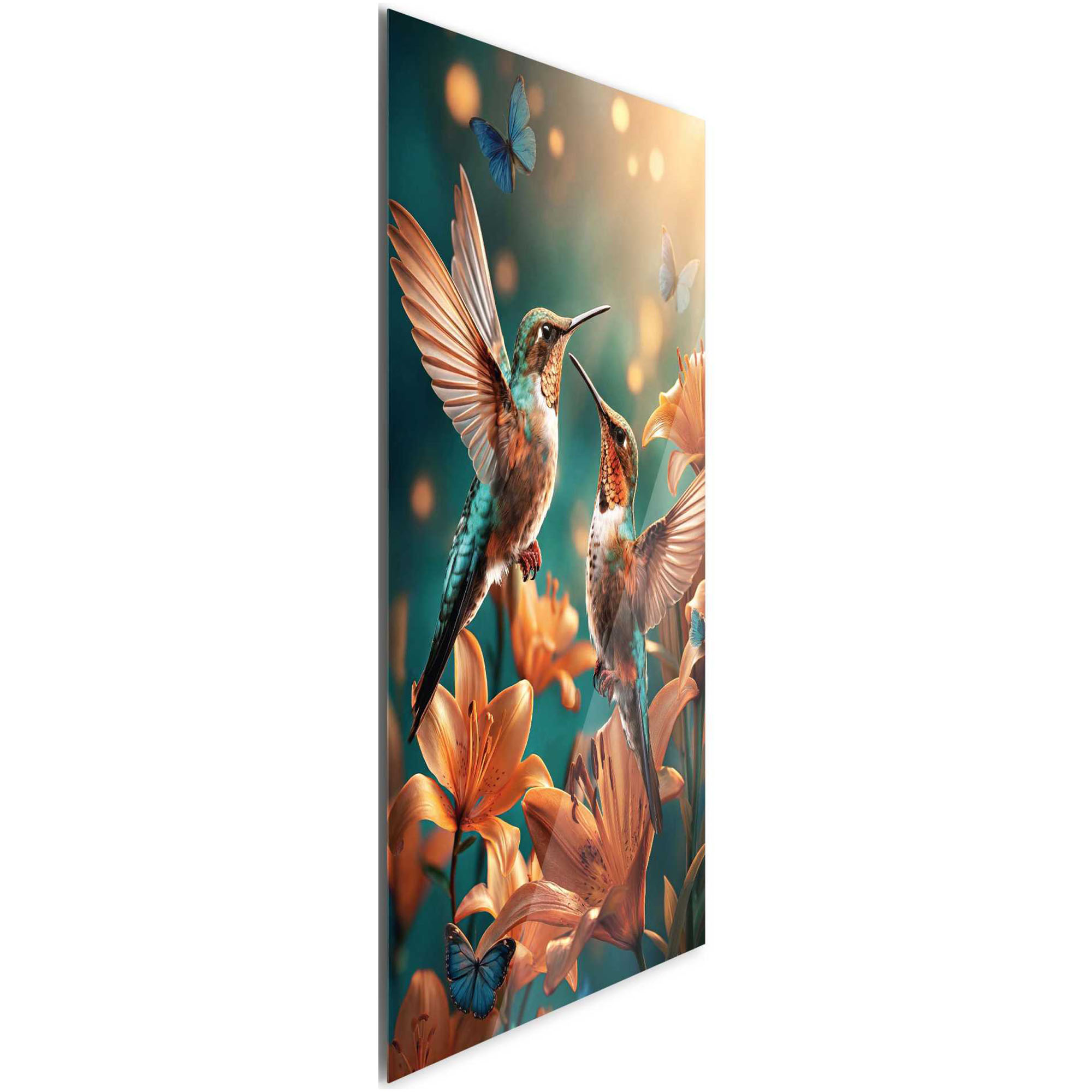 Seitliche Schrägansicht des Wandbilds „Wonderful Birds“, 78 × 116 cm; Profil, Kante und Tiefe des Bildes sind erkennbar.