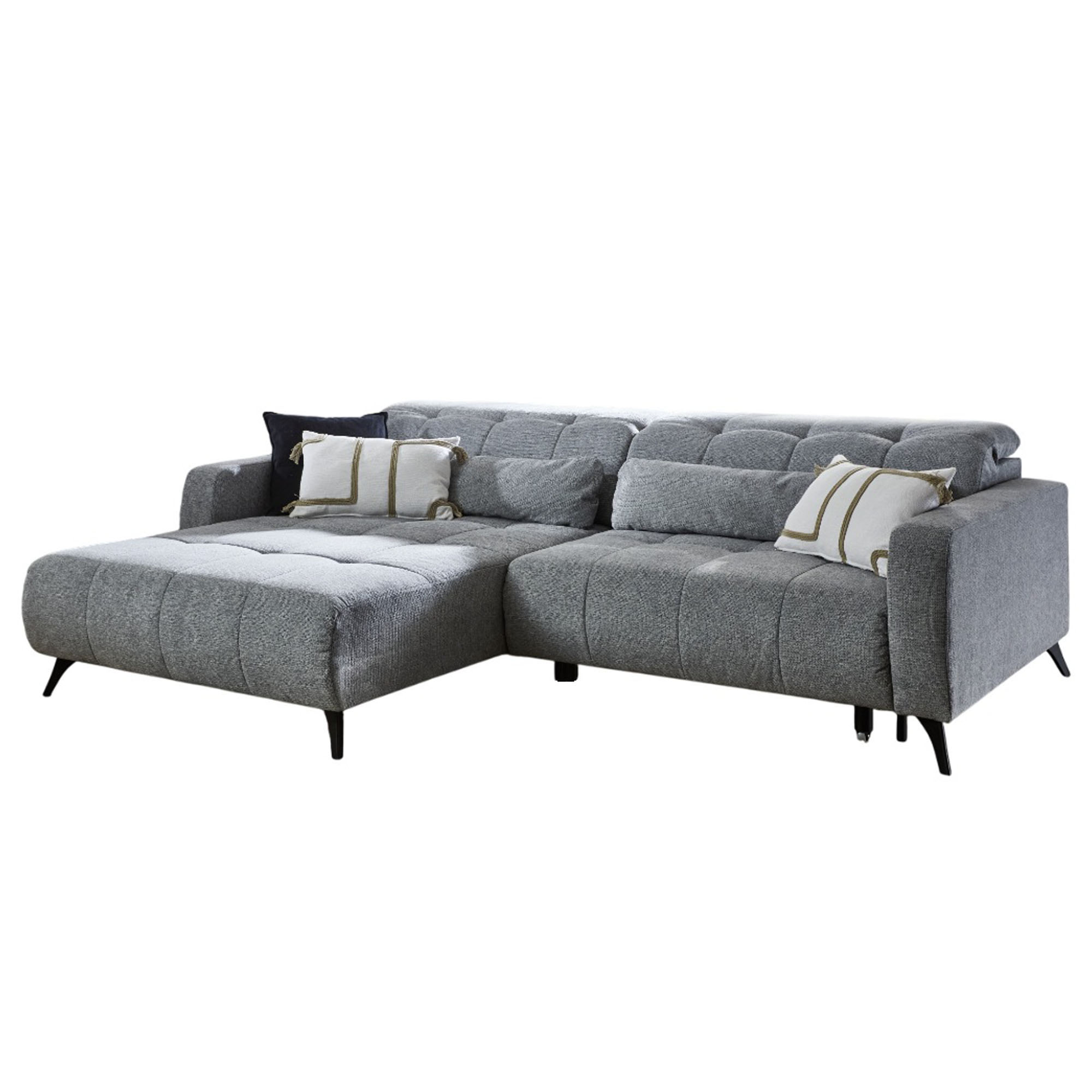 Graues Ecksofa mit Ottomane rechts, verstellbaren Rückenlehnen und schwarzen Metallfüßen vor weißem Hintergrund