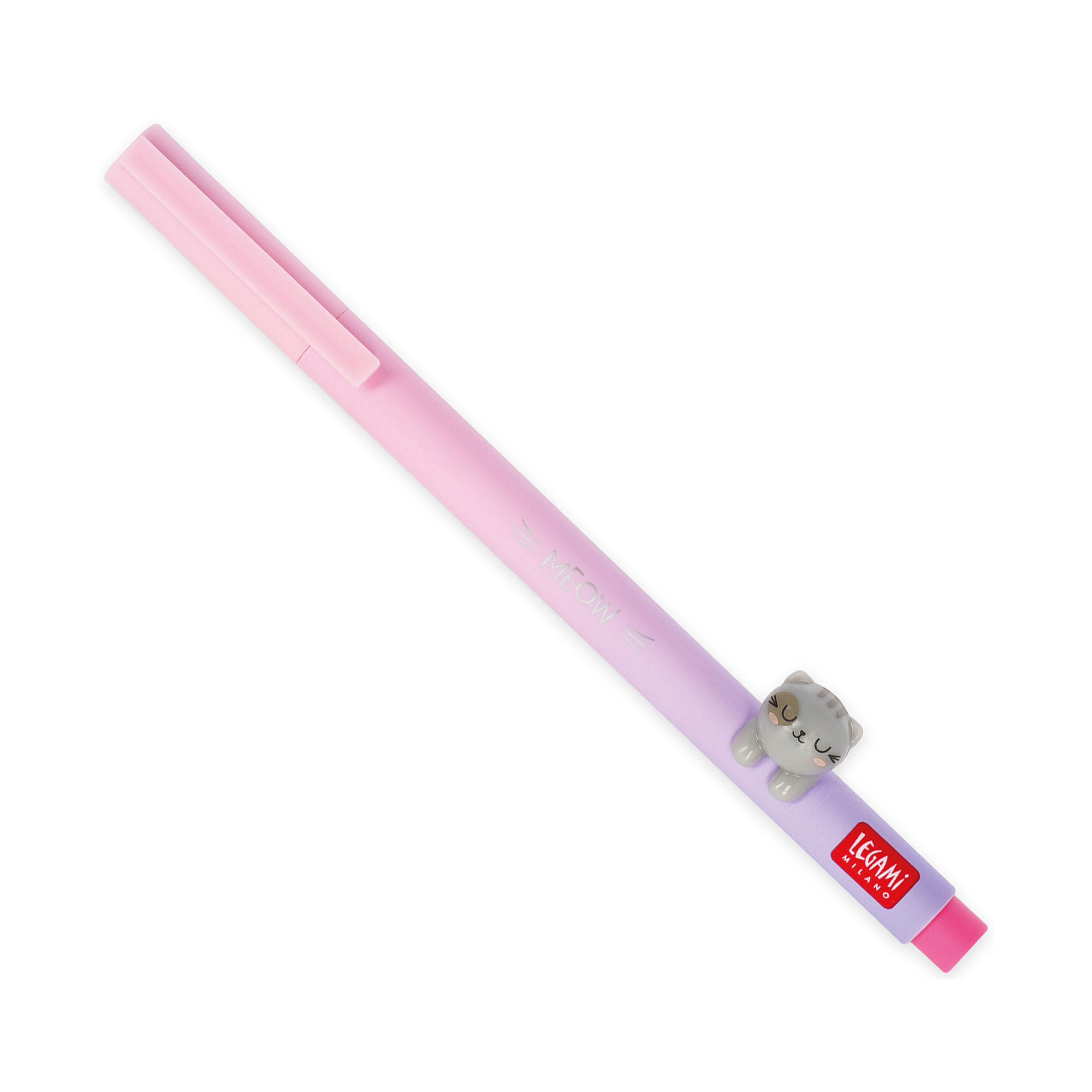 Rosa Gelstift mit Katzenaufsatz, vollständig auf weißem Hintergrund dargestellt.