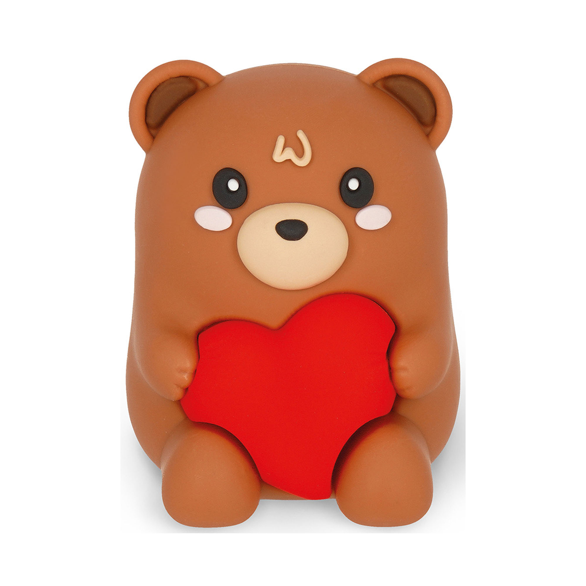 Brauner Leuchtstift mit Teddybär-Spitzerbehälter, als Tierfigur mit integriertem Stift- und Spitzerbehälter frontal dargestellt.