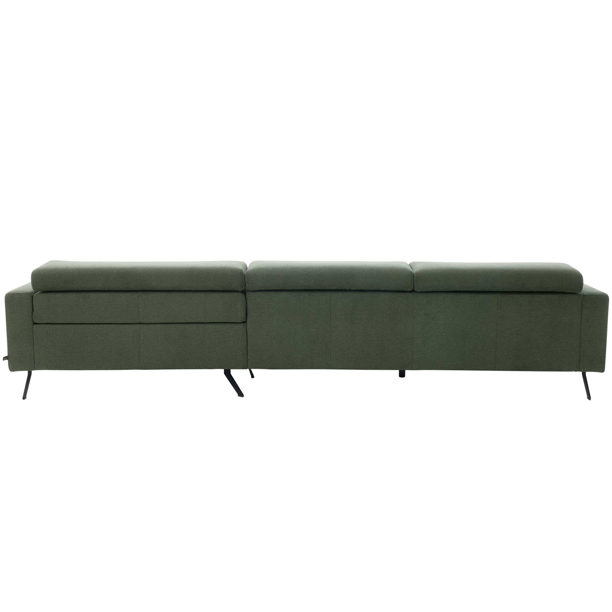 Rückansicht eines großen grünen Ecksofas Interliving 4303 mit durchgehender Rückenlehne und schwarzen Metallfüßen