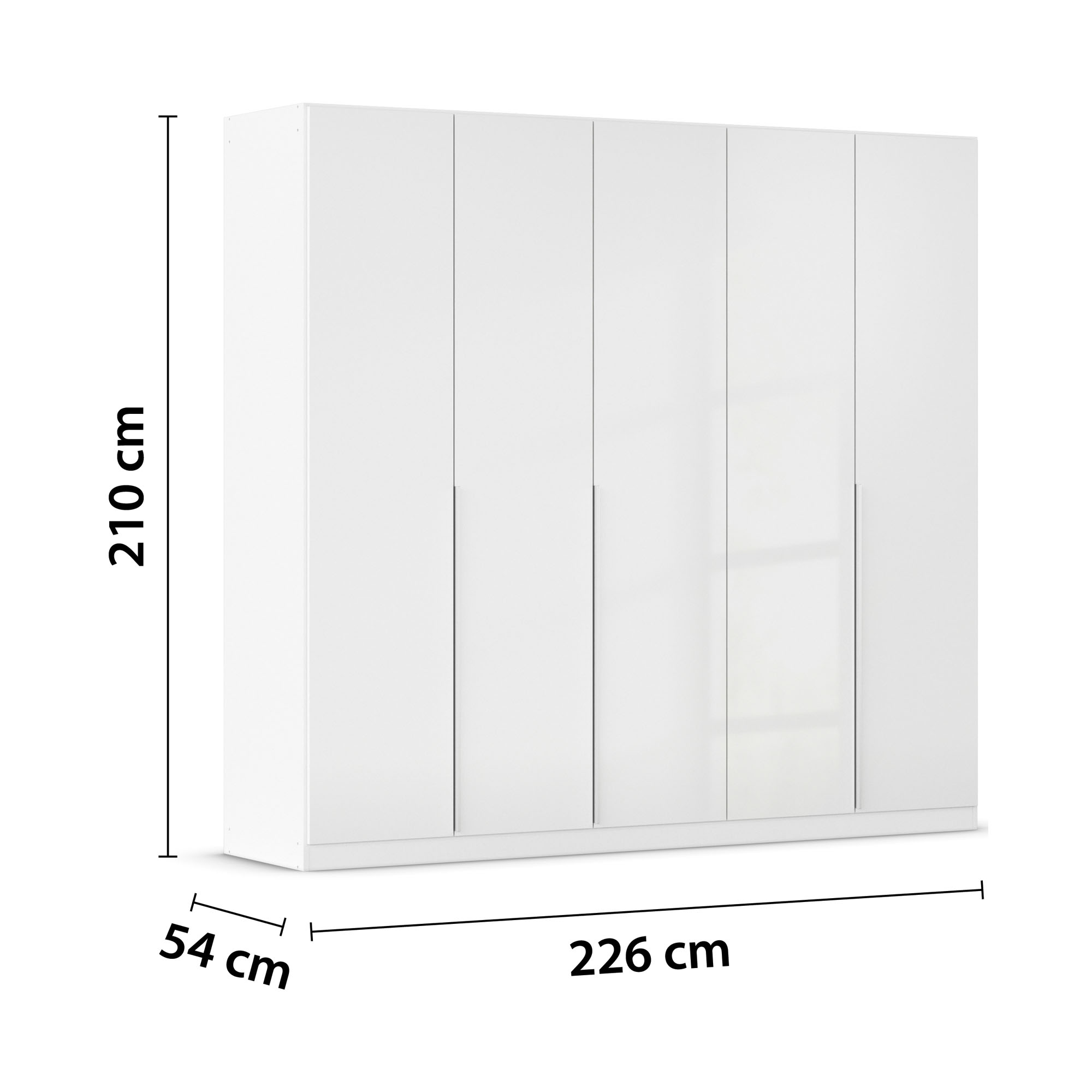 Weißer Drehtürenschrank in Hochglanz mit drei Türen und den Maßen 226 cm Breite, 210 cm Höhe und 54 cm Tiefe