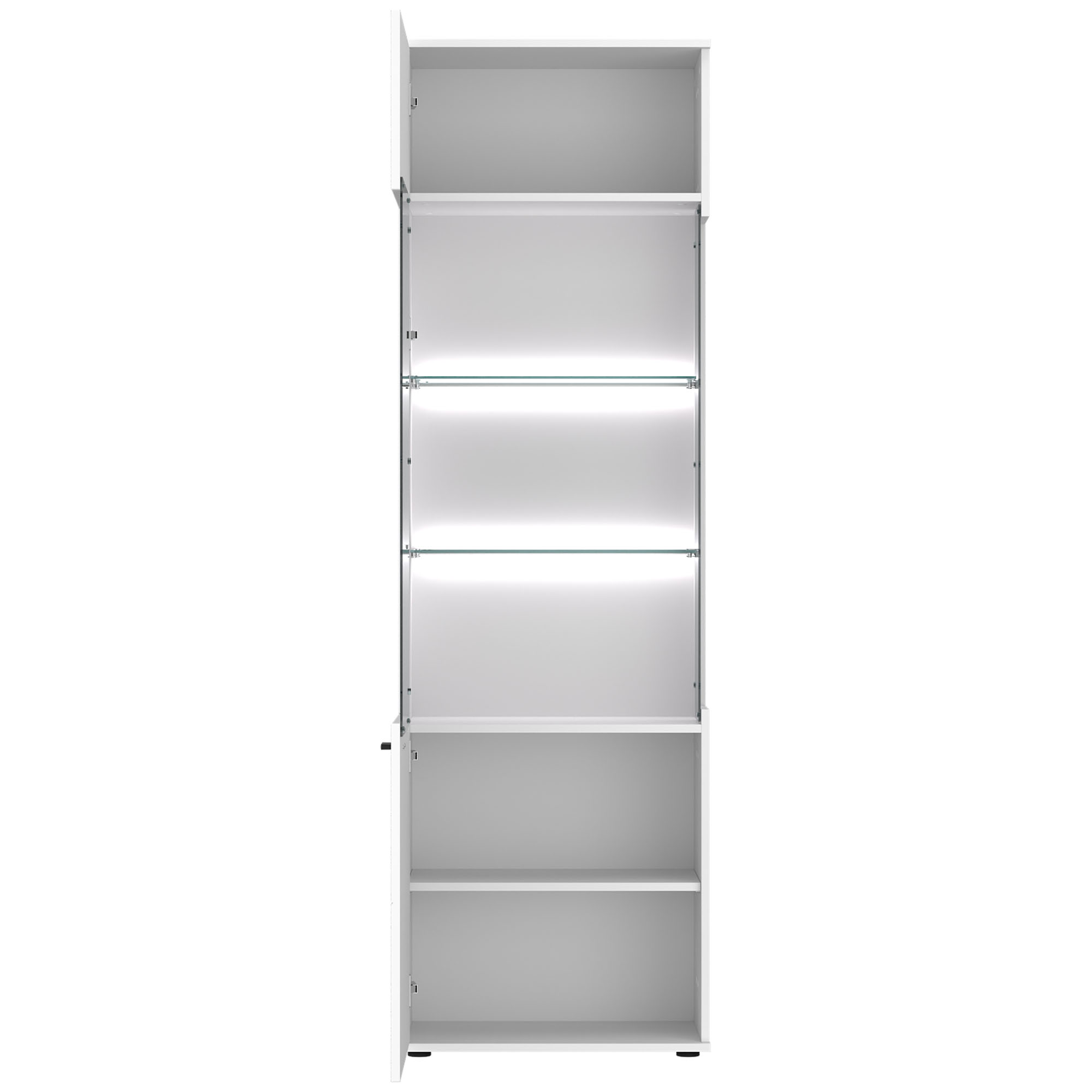 Geöffnete Vitrine Rion in Weiß mit LED-beleuchteten Glasböden, Glastür und zusätzlichen Stauraumfächern für Dekoration oder Geschirr