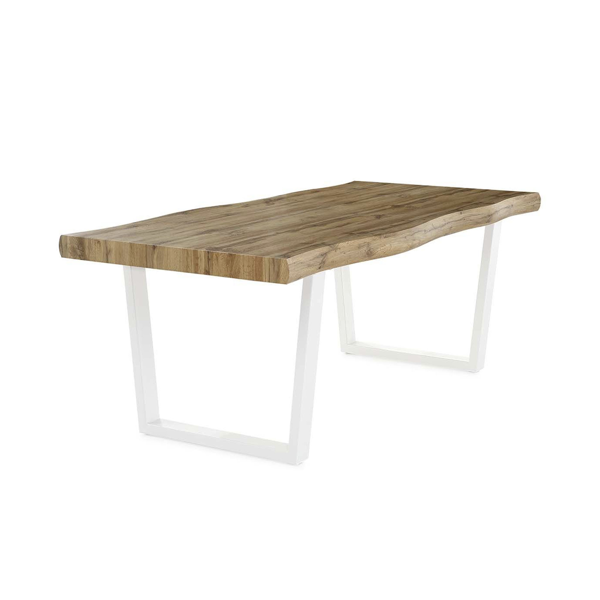 Rechteckiger Esstisch mit naturfarbener Holzplatte und weißen Metallgestellen im modernen Design.