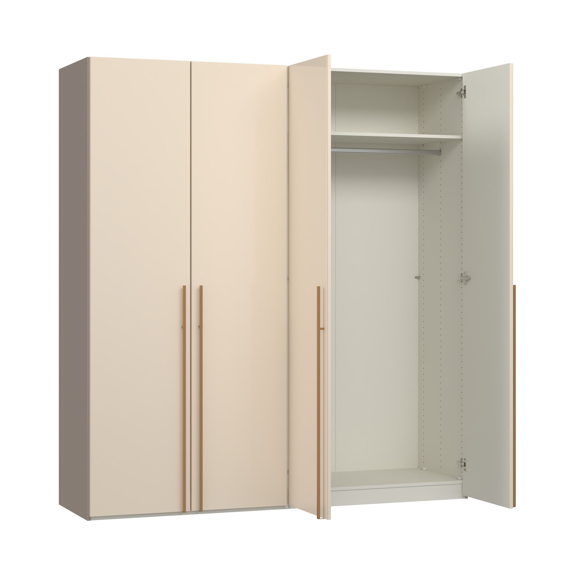 Kleiderschrank mit geöffneter Drehtür und Innenraum mit Einlegeboden und Kleiderstange