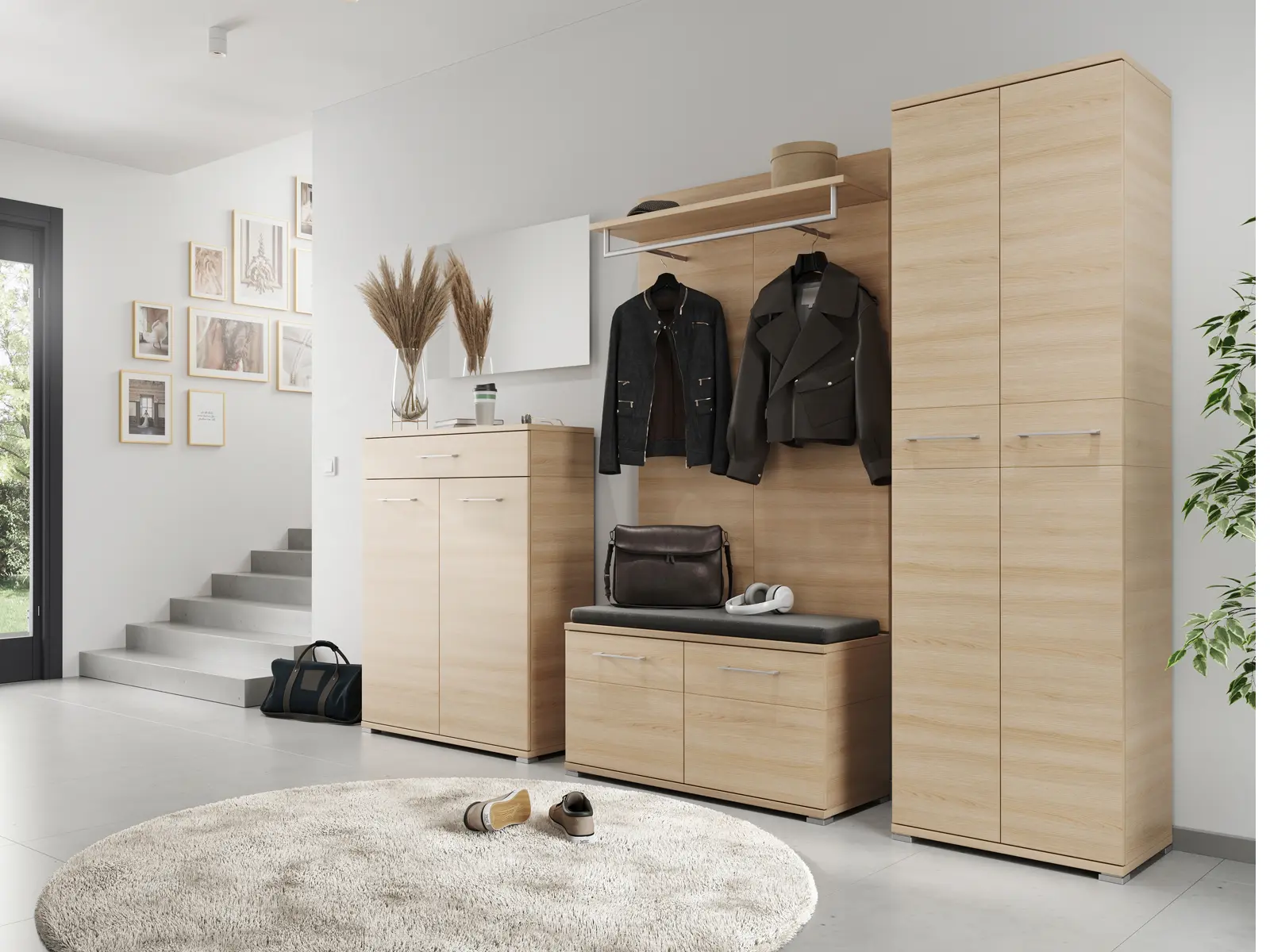 Garderoben Kombination aus Schrank Kommode Sitzbank Wandpaneel mit Garderobenhaken im Eingangsbereich