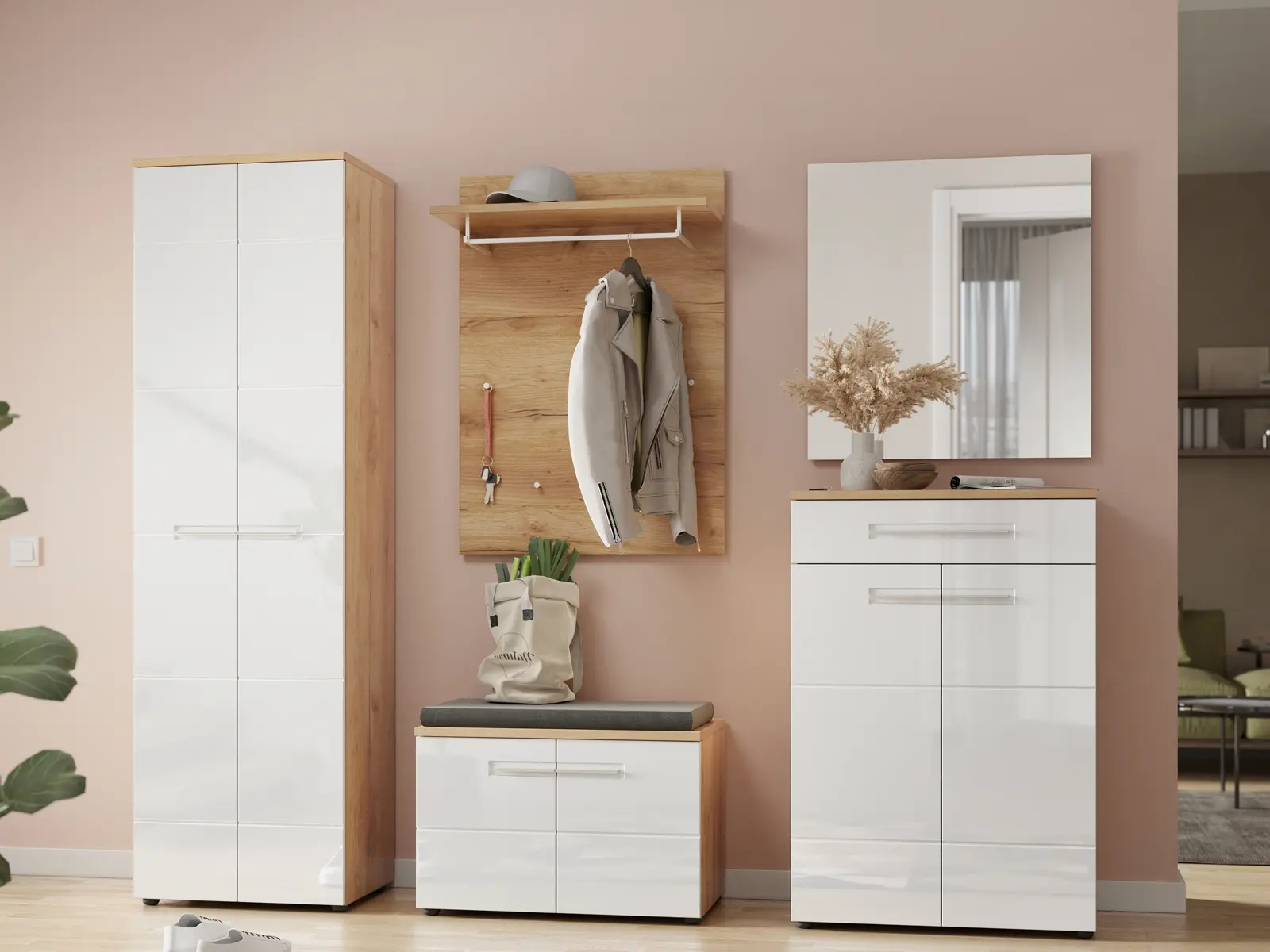 Garderoben Kombination aus Schrank Kommode Sitzbank Wandpaneel mit Spiegel im Eingangsbereich