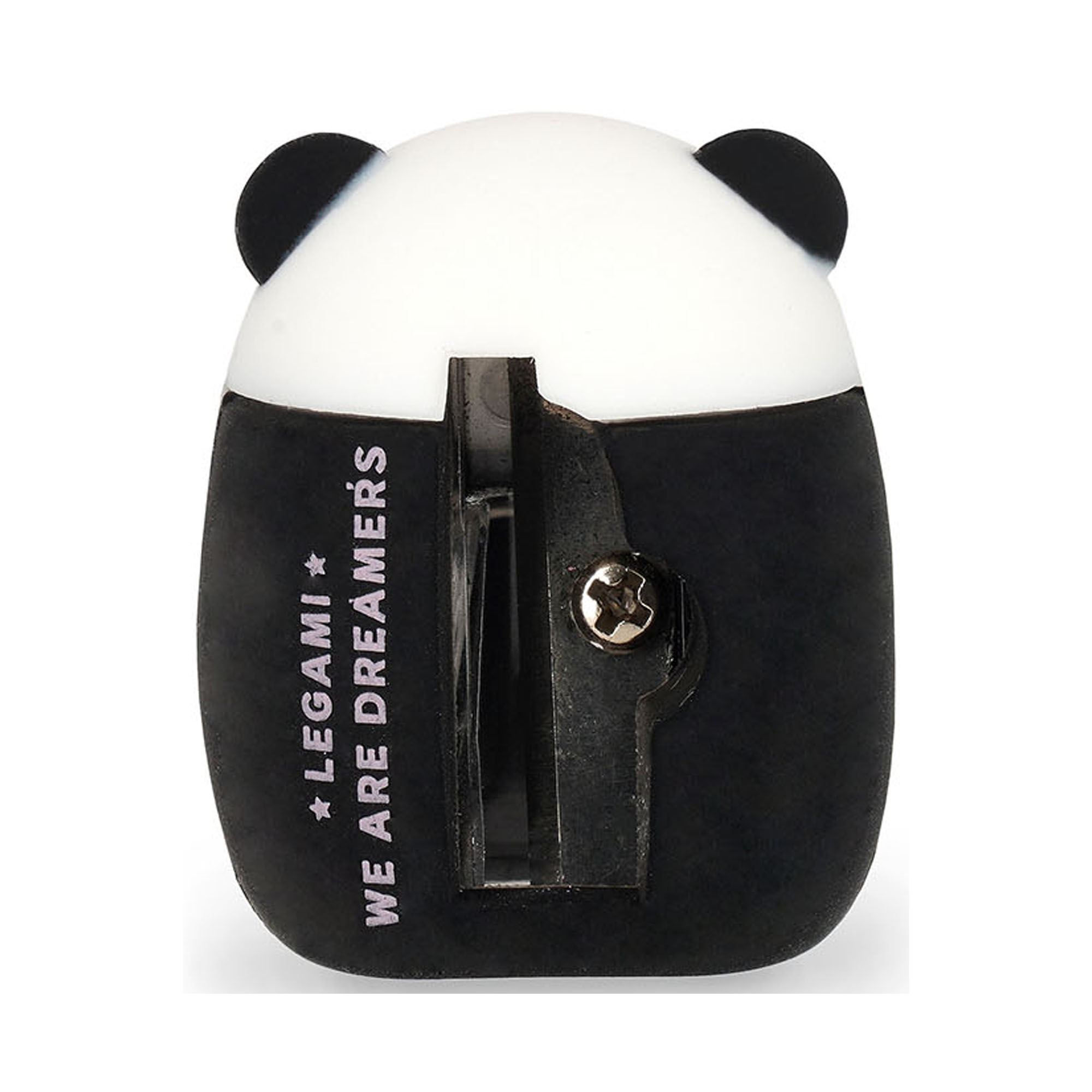 Schwarz-weißer Anspitzer im Panda-Design, von hinten mit sichtbarer Metallklinge und Schraube gezeigt.