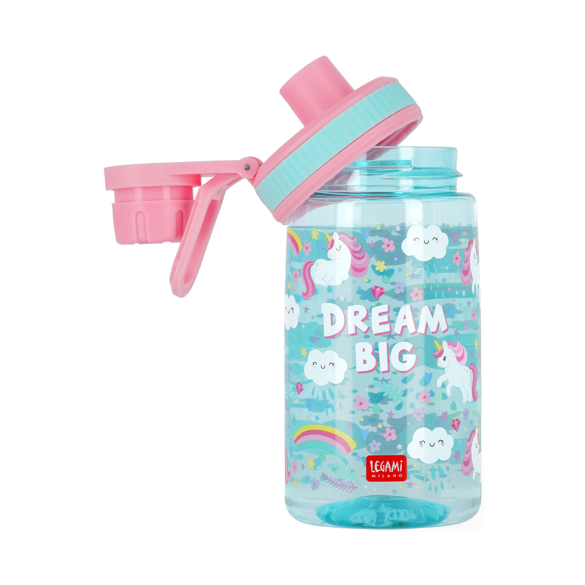 Türkis-rosa Kindertrinkflasche im Einhorn-Design, mit geöffnetem Deckel und ausgeklapptem Griff schräg dargestellt.