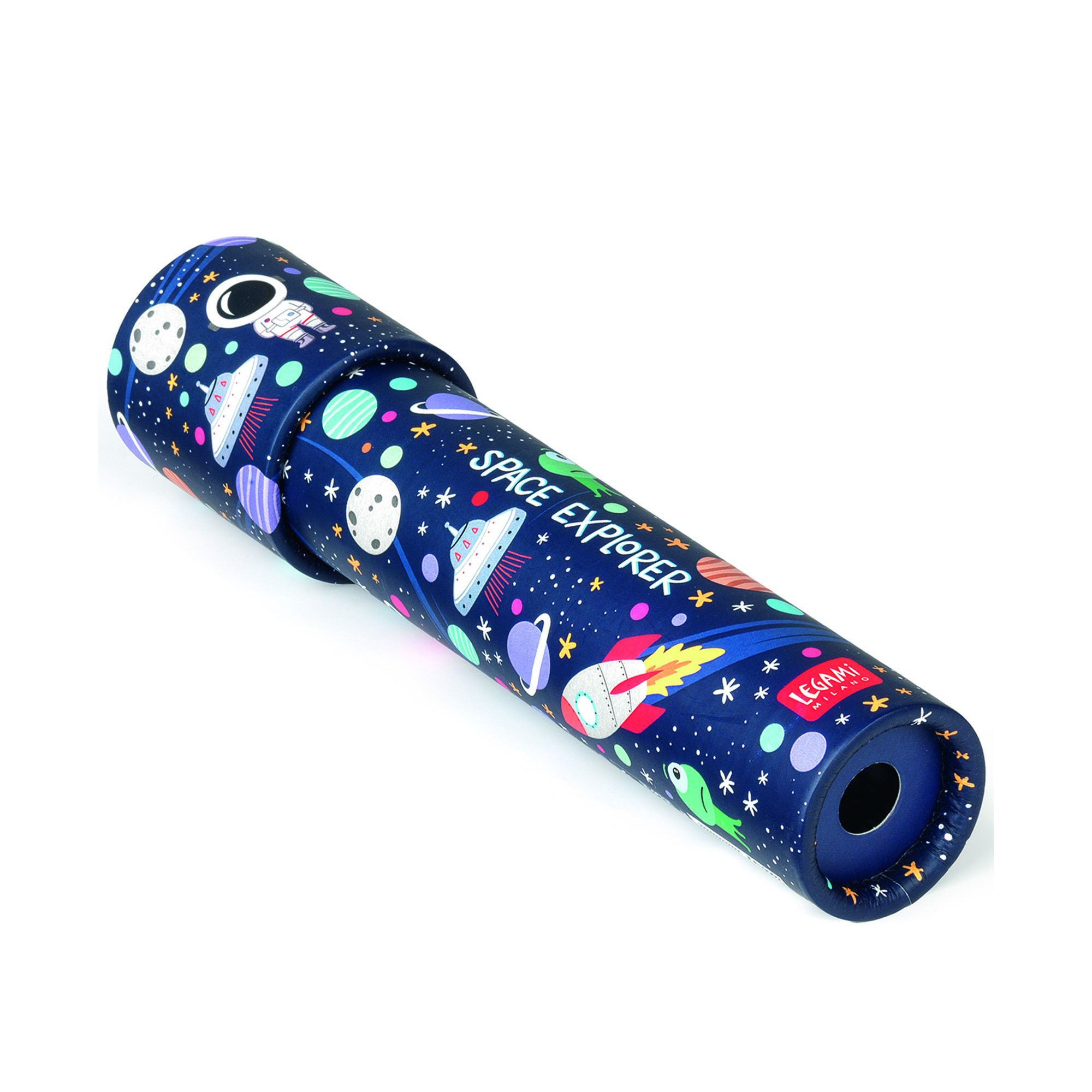 Blaues Kaleidoskop mit Weltraummotiv, diagonal mit dem kleinen Okular zum Betrachter gezeigt.