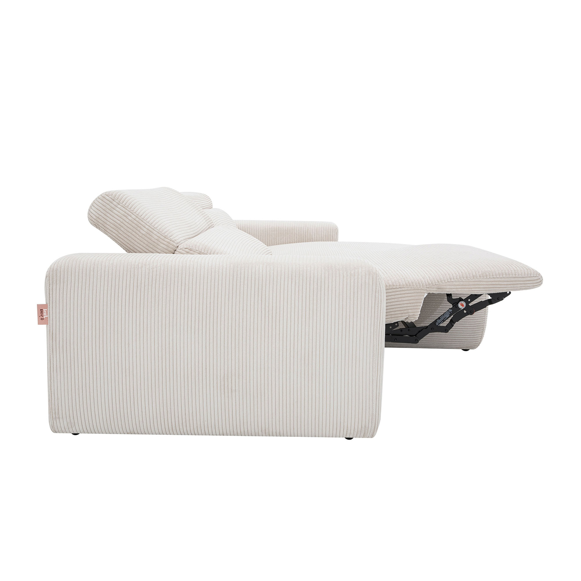 Schrägansicht der Eckgarnitur Zoom 01 cream, Vordergrund zeigt Longchair mit Armlehne auf der rechten Seite.