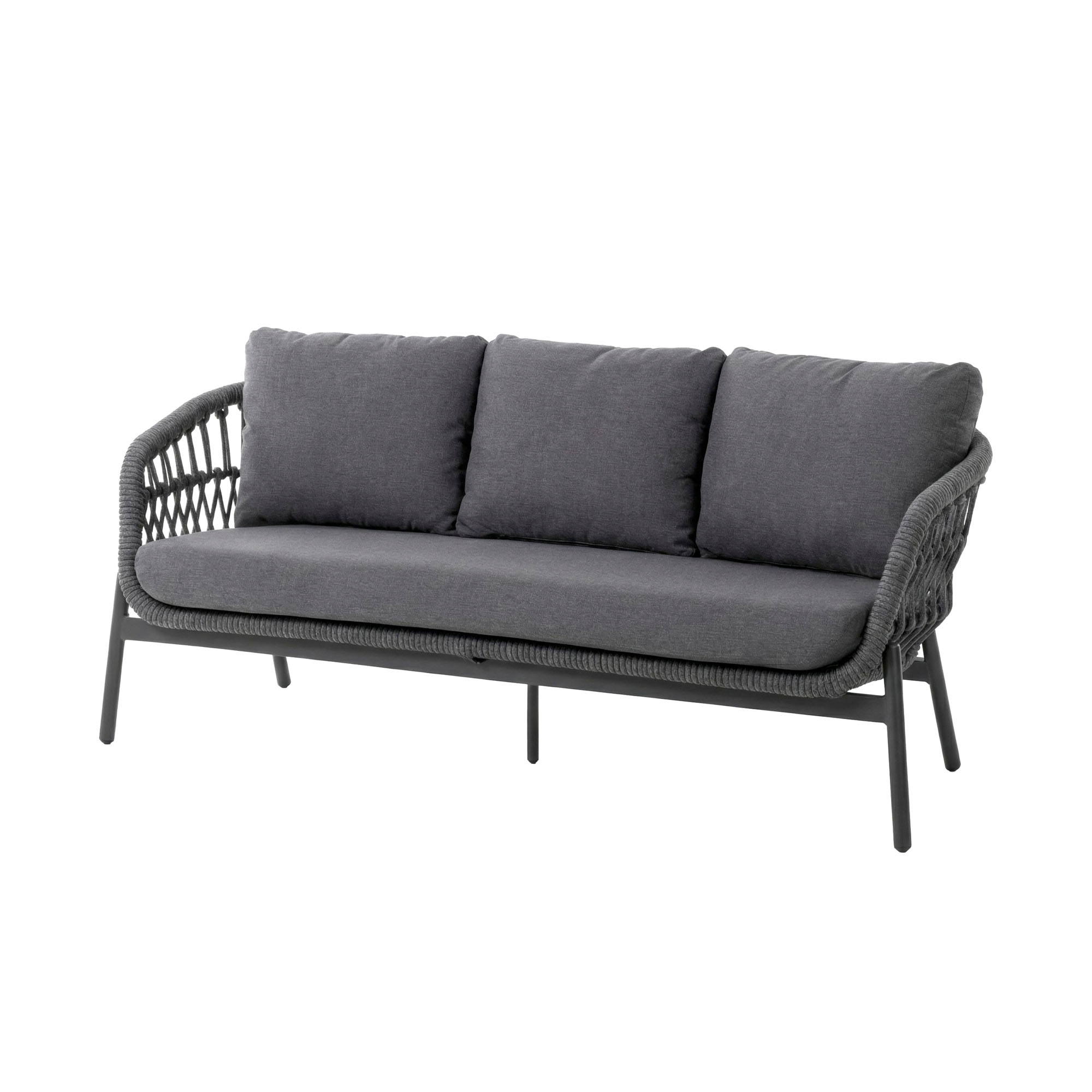 graues Gartensofa mit drei Sitzkissen und Metallgestell freigestellt auf hellem Hintergrund