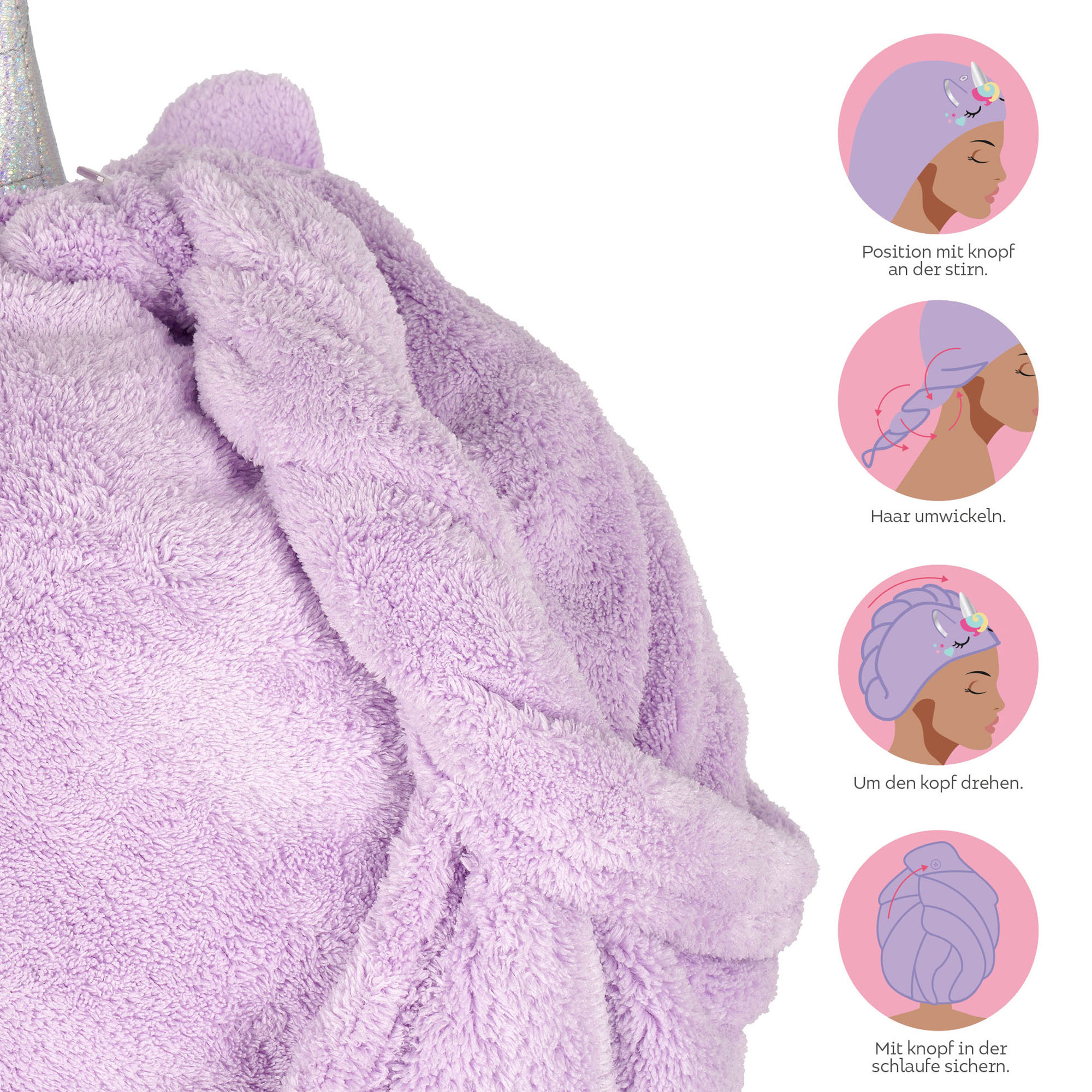 Lilafarbenes Haarturban-Handtuch im Einhorn-Design, in einer Grafik mit Stoffstruktur, Knopf und Wickelschritten dargestellt.