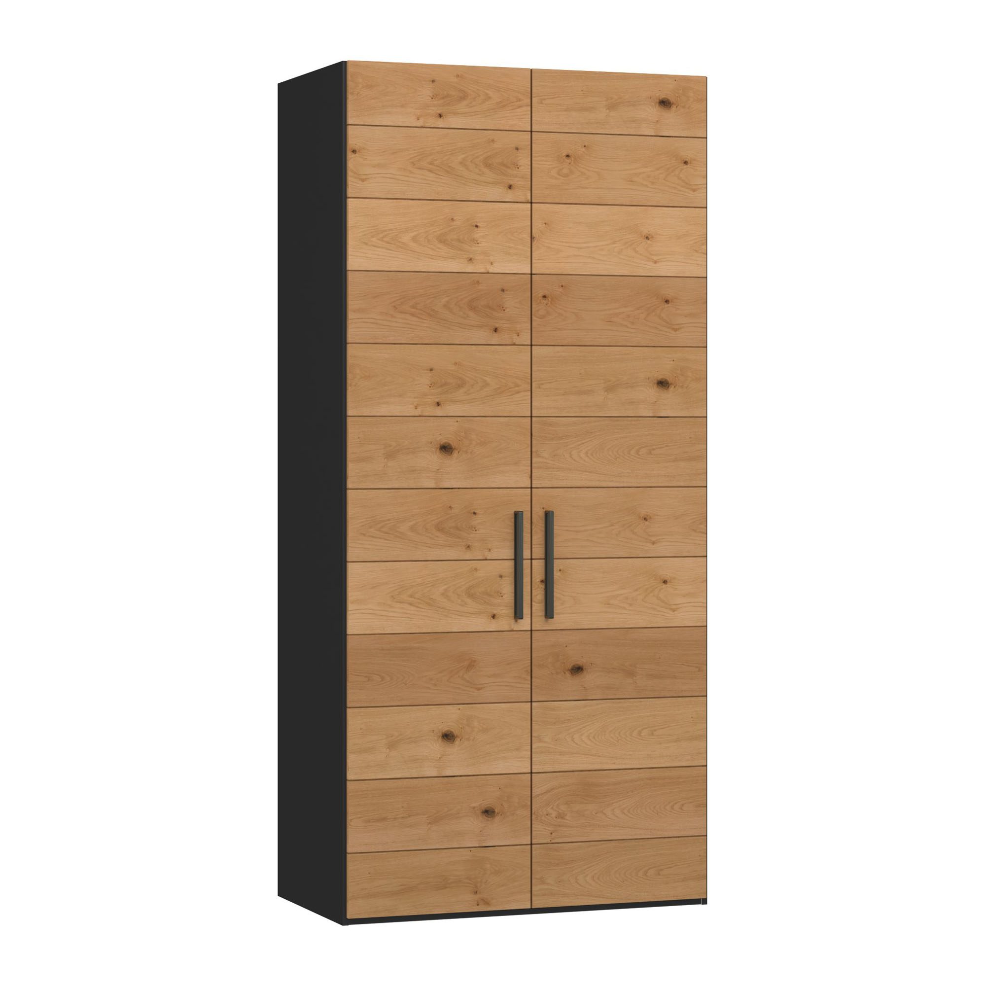 Schmaler Drehtürenschrank mit geschlossenen Türen und horizontal strukturierter Holzoptik