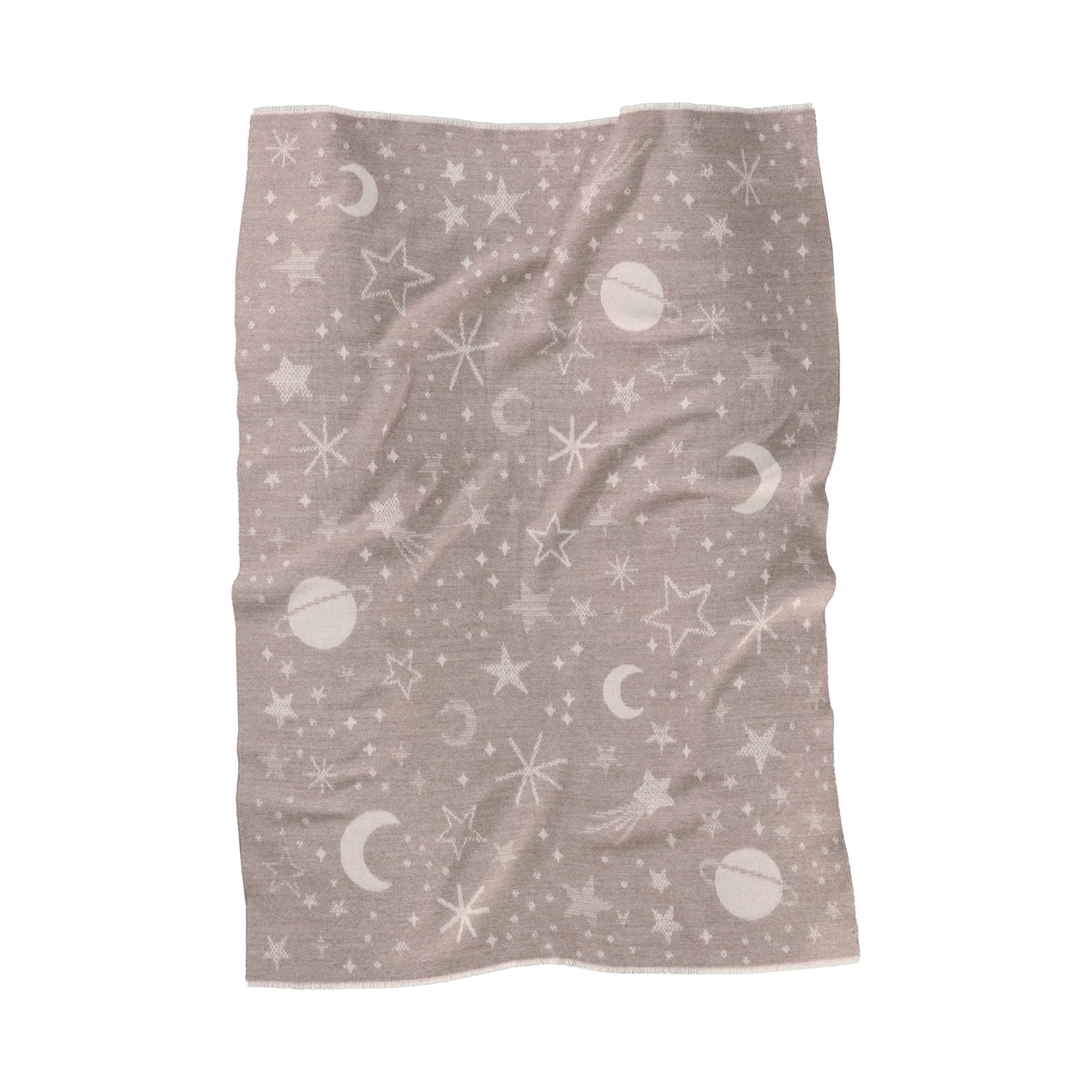 Ausgebreitete Babydecke Universe taupe mit unregelmäßig verteilten Monden, Sternen und Punkten in Weiß.