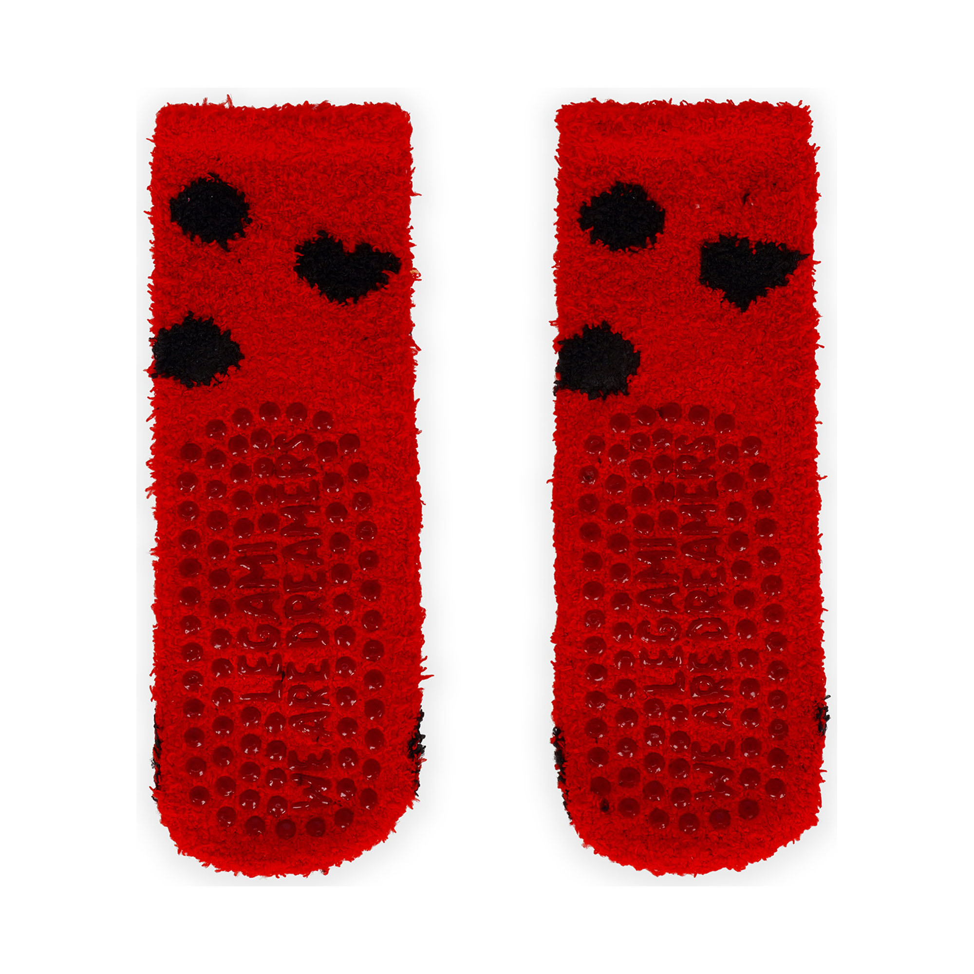 Rutschfeste Socken für Kinder – Marienkäfer von Legami: Rückseite des Sockenpaares mit Antirutsch-Noppen.