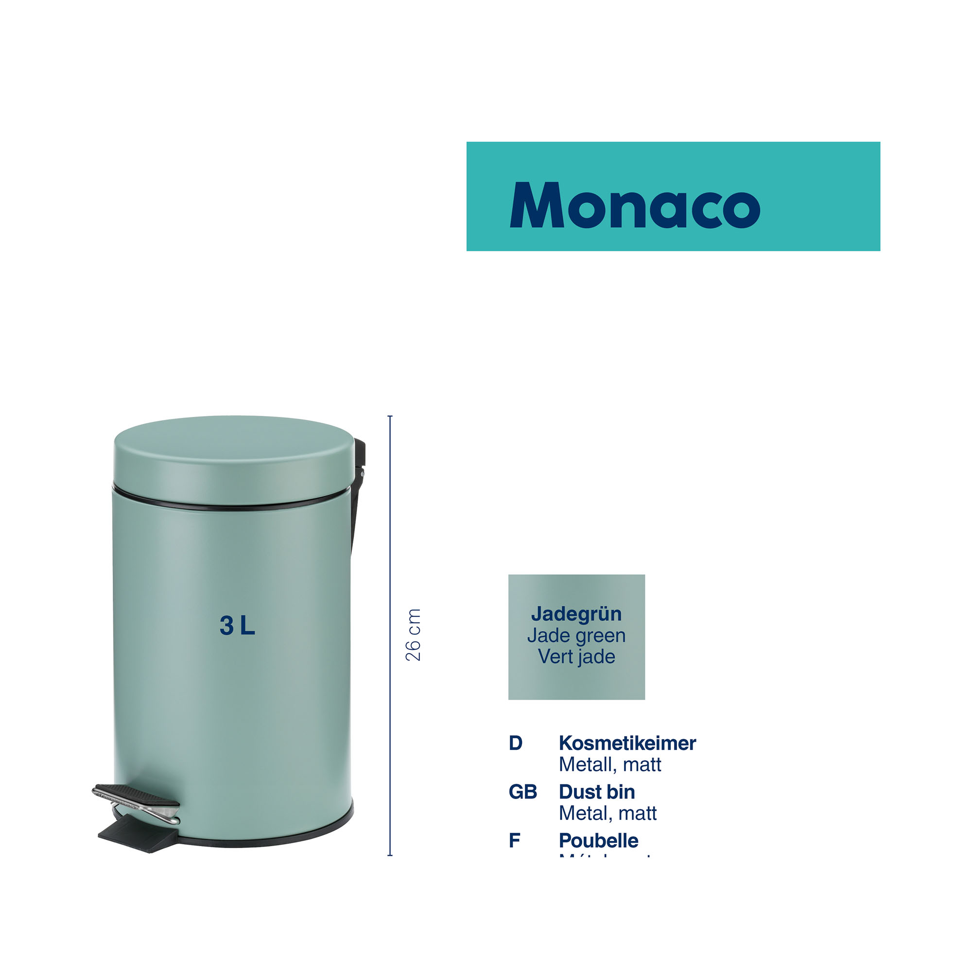 Produktdarstellung des jadegrünen Kosmetikeimers der Serie Monaco mit Maßangaben und ergänzenden Hinweisen zu Material und Eigenschaften