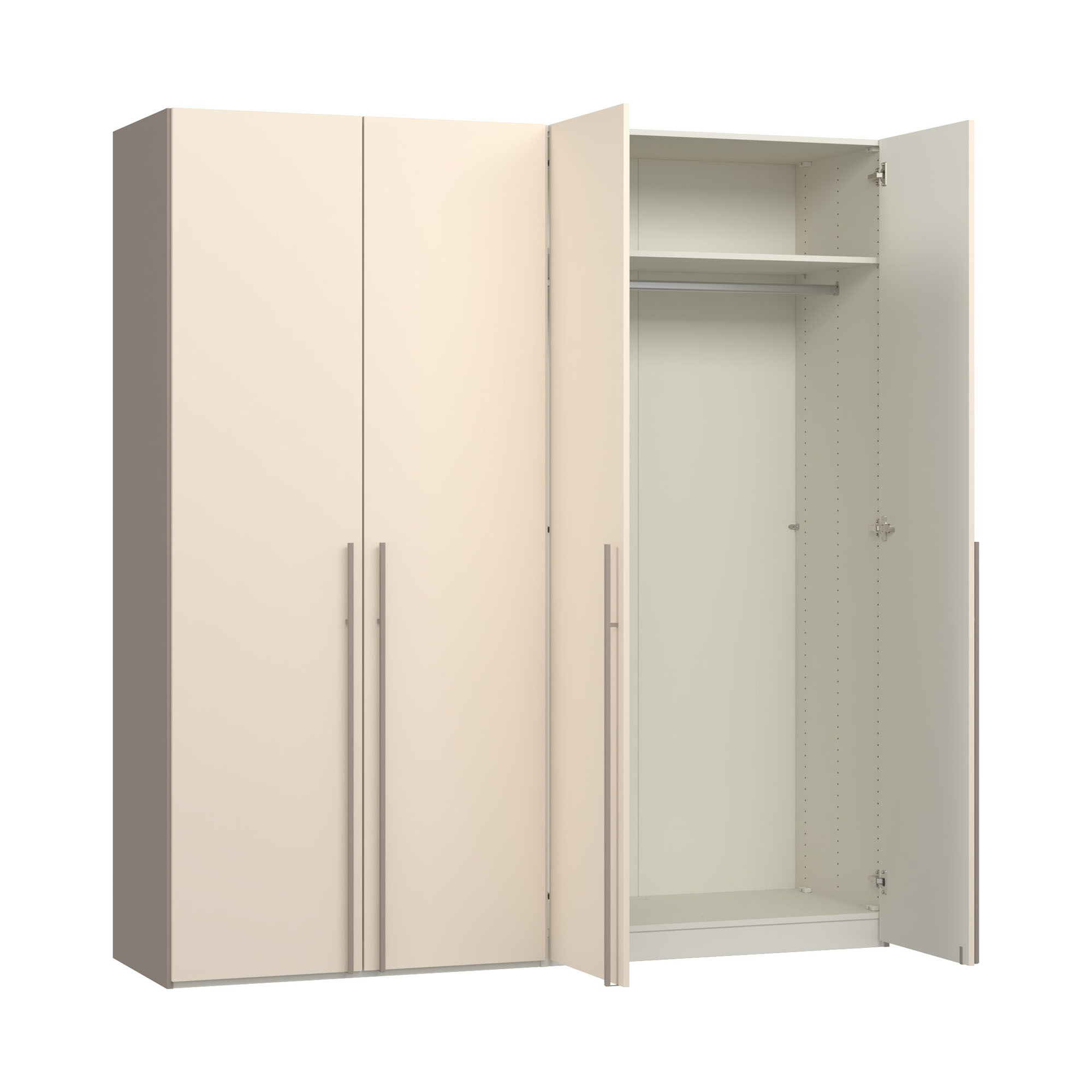 Mehrtüriger Kleiderschrank mit teilweise geöffneten Türen und sichtbarem Innenraum mit Einlegeboden und Kleiderstange