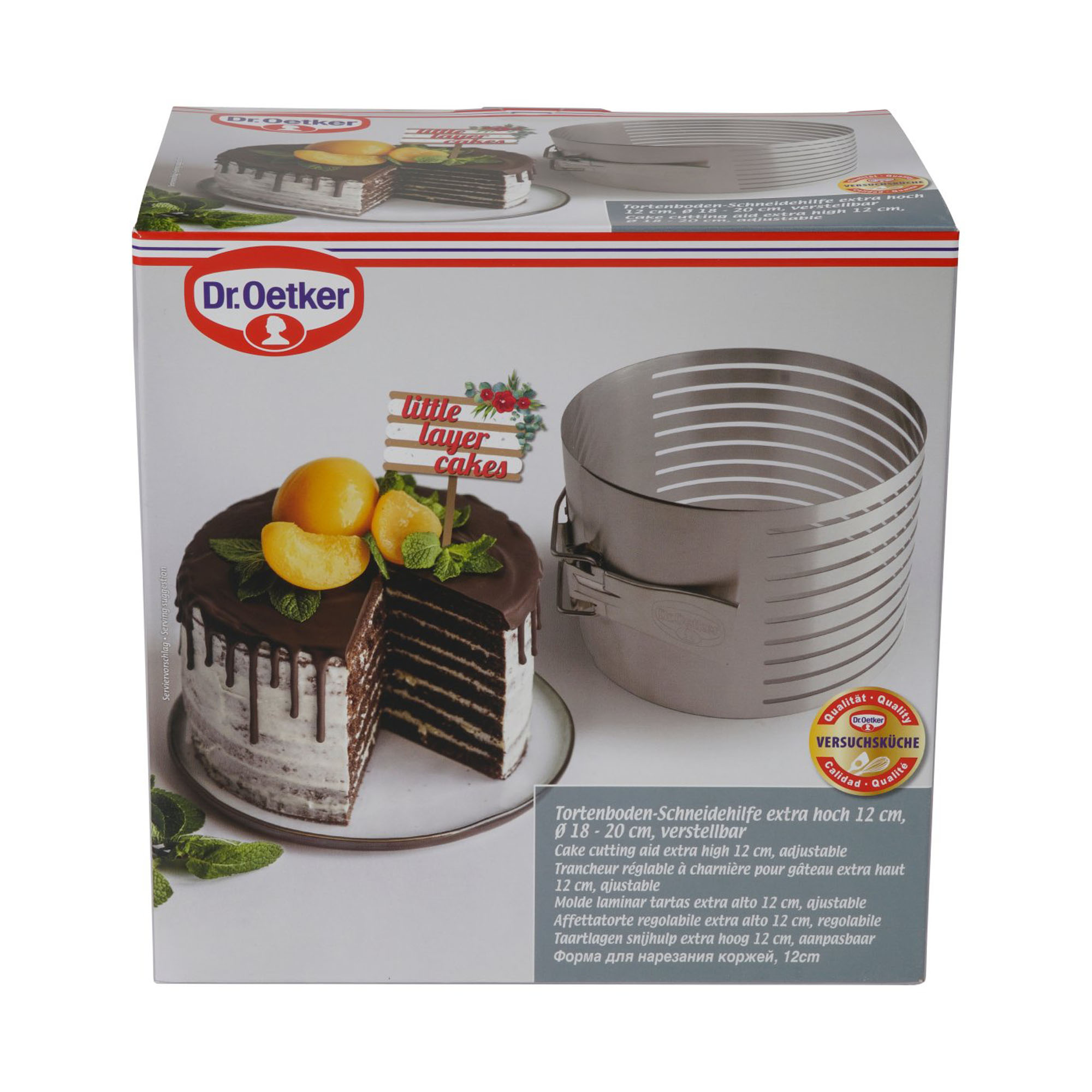 Verpackung der Tortenboden Schneidhilfe mit Anwendung und Kuchenabbildung
