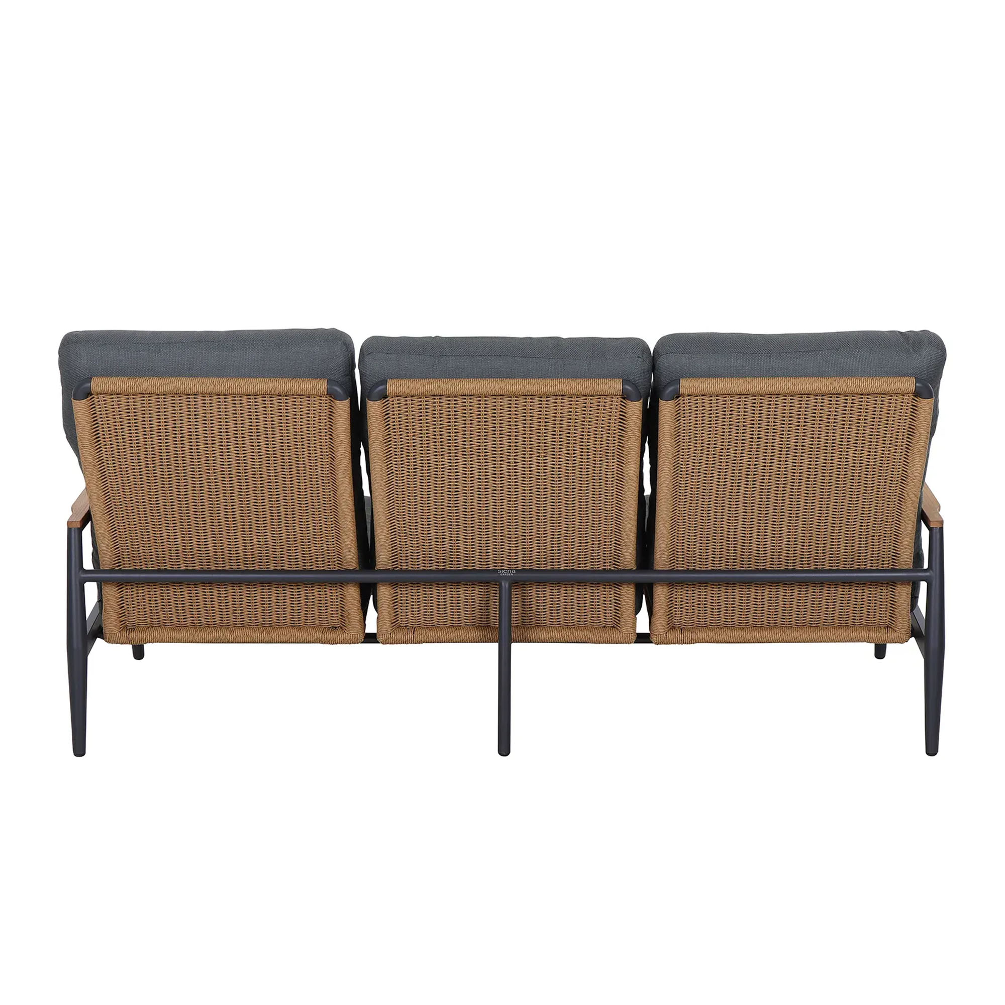 Rückansicht eines Sofas mit drei Sitzen, Rückenlehnen aus hellbraunem Geflecht und dunklem Gestell.