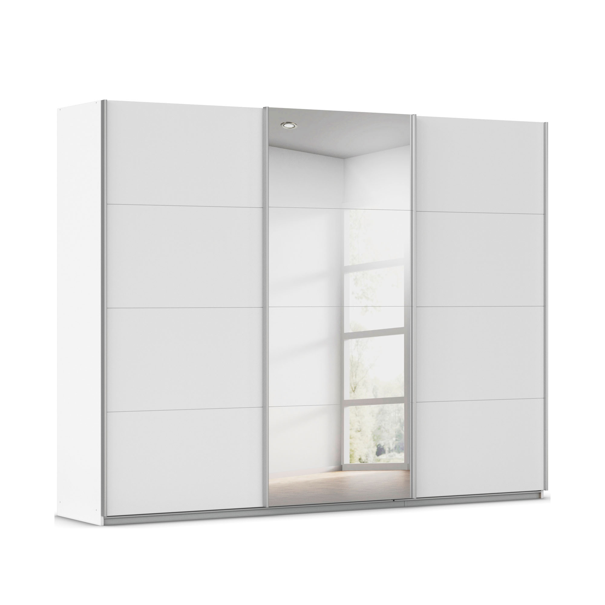 Weißer Schwebetürenschrank mit mittiger Spiegeltür und schlichter, moderner Frontgestaltung