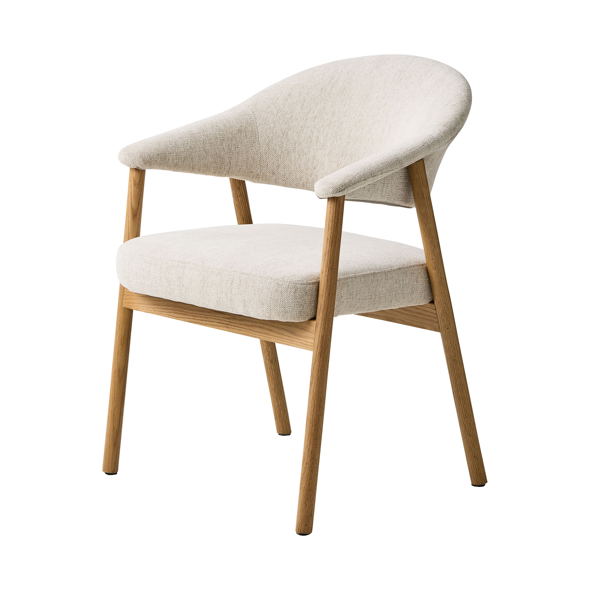 Moderner Polsterstuhl mit heller Stoffpolsterung und Gestell aus massiver Eiche, gepolsterte Rückenlehne und Sitzfläche im skandinavischen Design