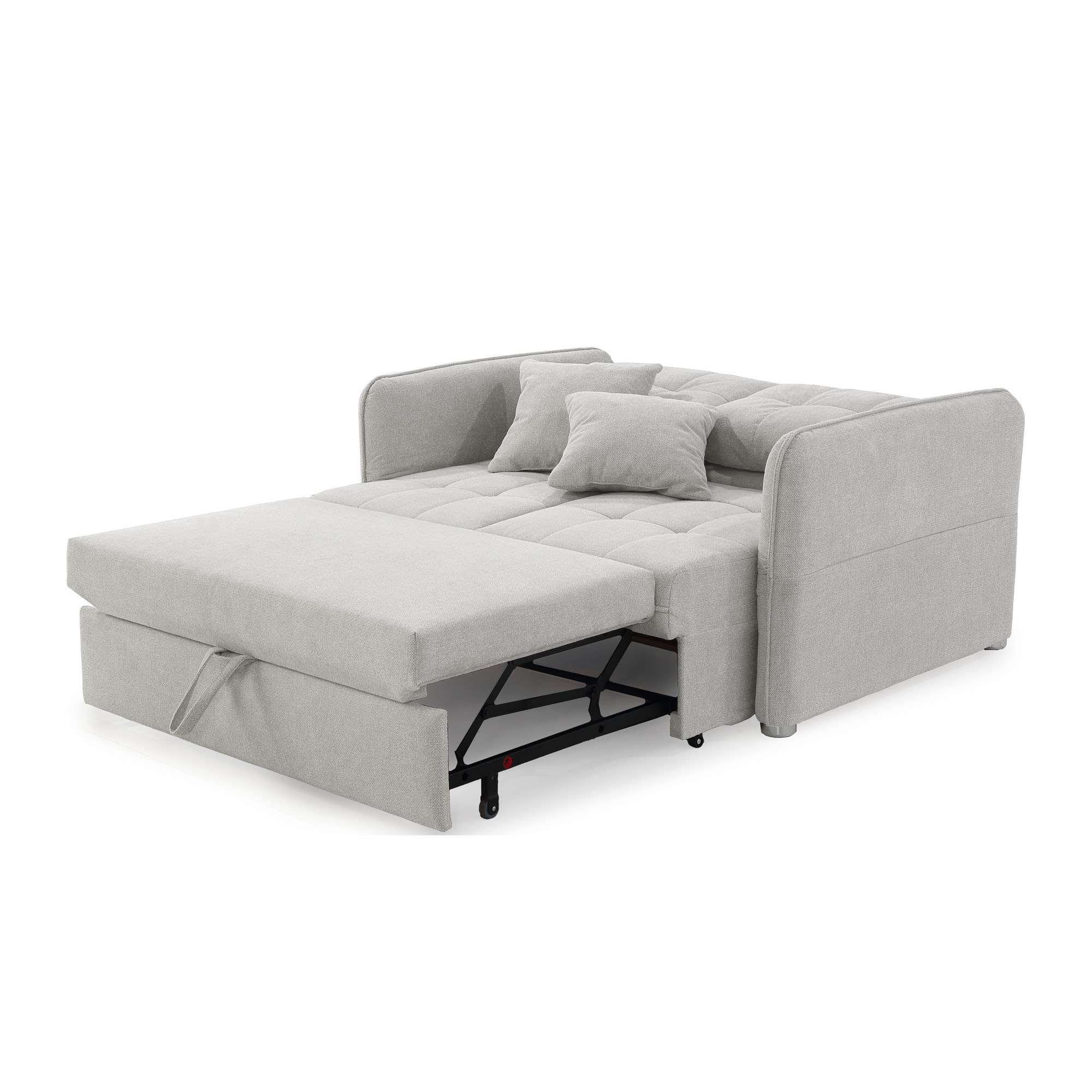Hellgraues Schlafsofa mit ausgezogener Liegefläche und integrierter Bettfunktion für Gästezimmer oder Wohnzimmer