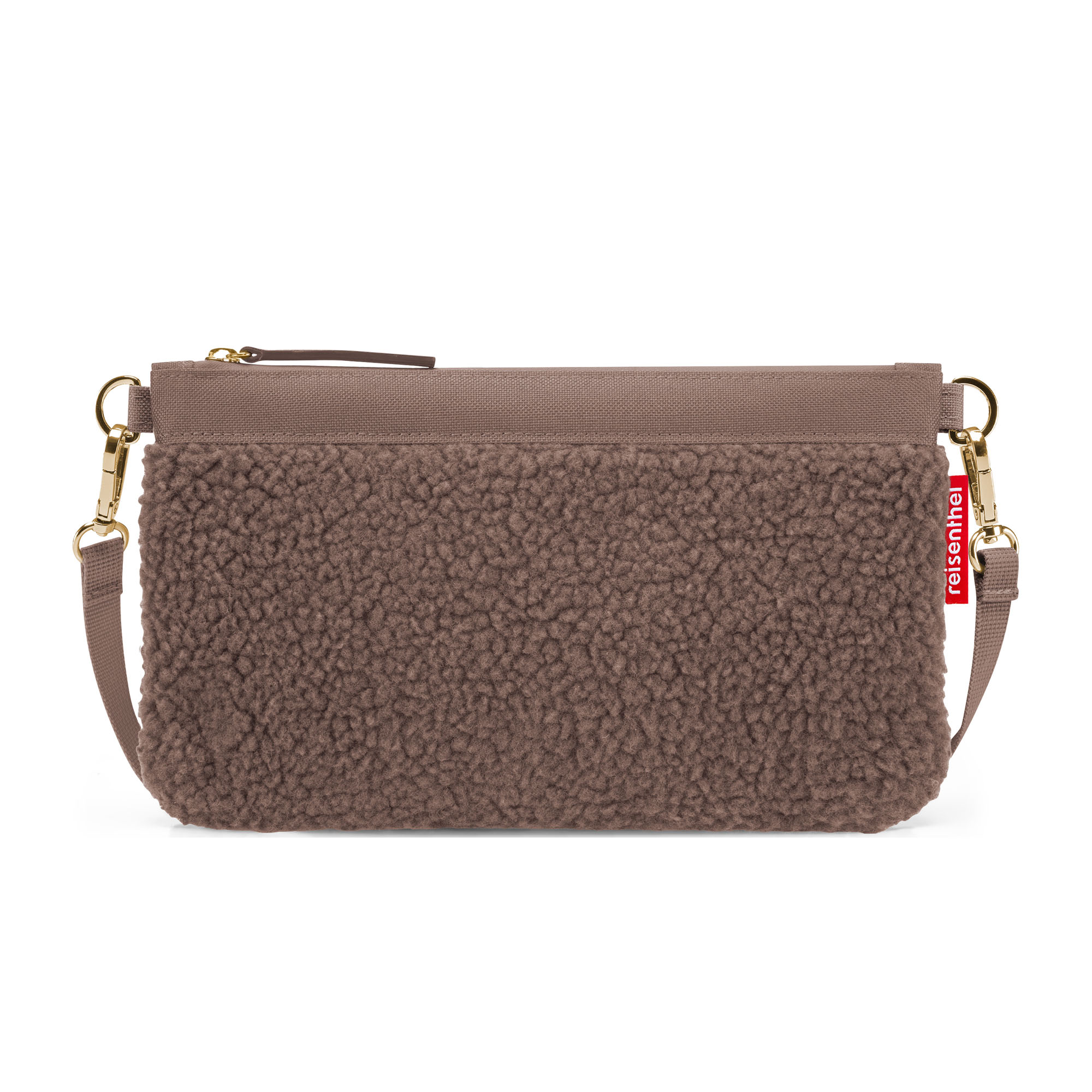 Kleine Umhängetasche von Reisenthel, Modell Mini Pouch, in Schokoladenbraun aus Teddyfleece, von hinten mit Schultergurt