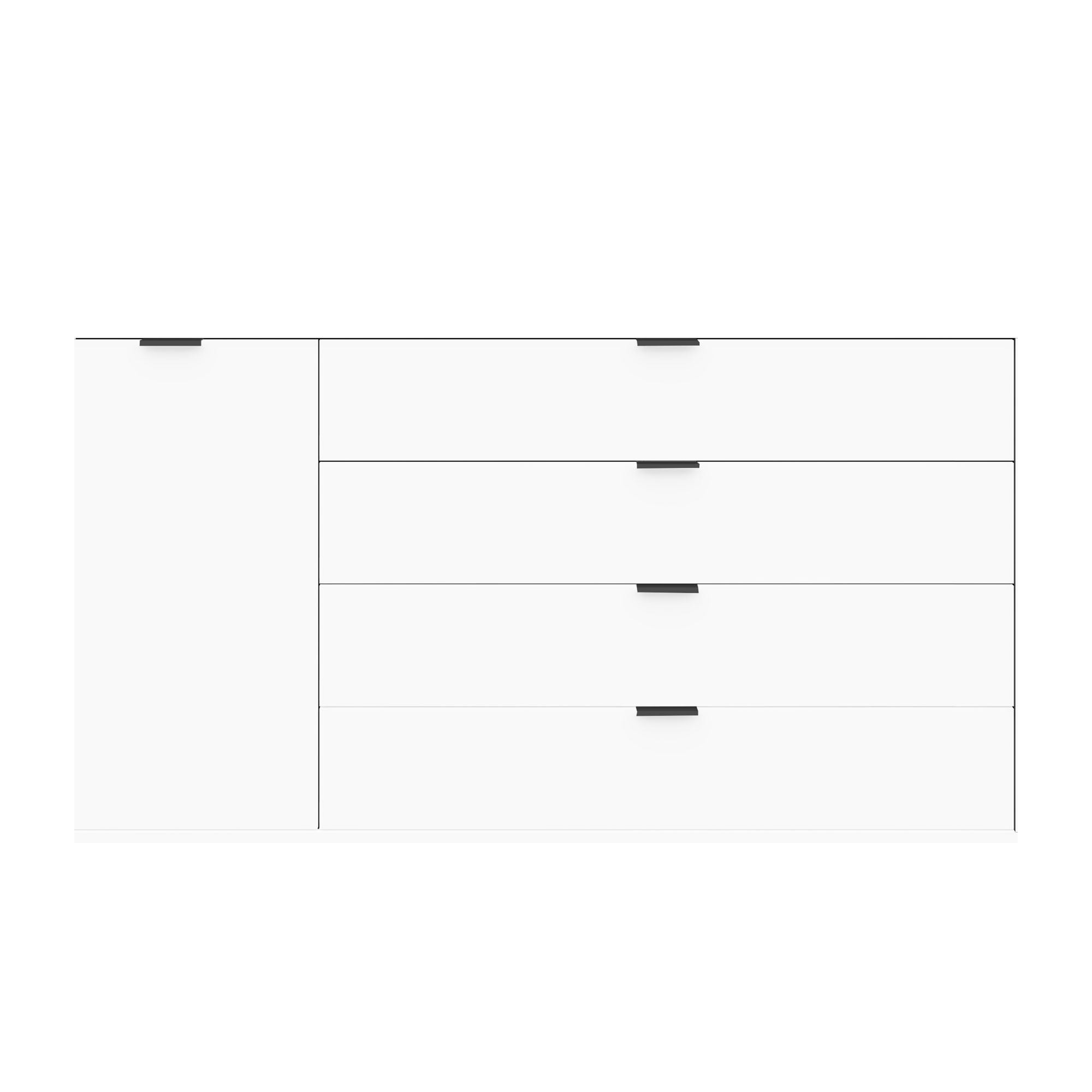 Moderne weiße Kommode mit einer Tür auf der linken Seite und vier Schubladen, minimalistisches Design mit schwarzen Griffleisten