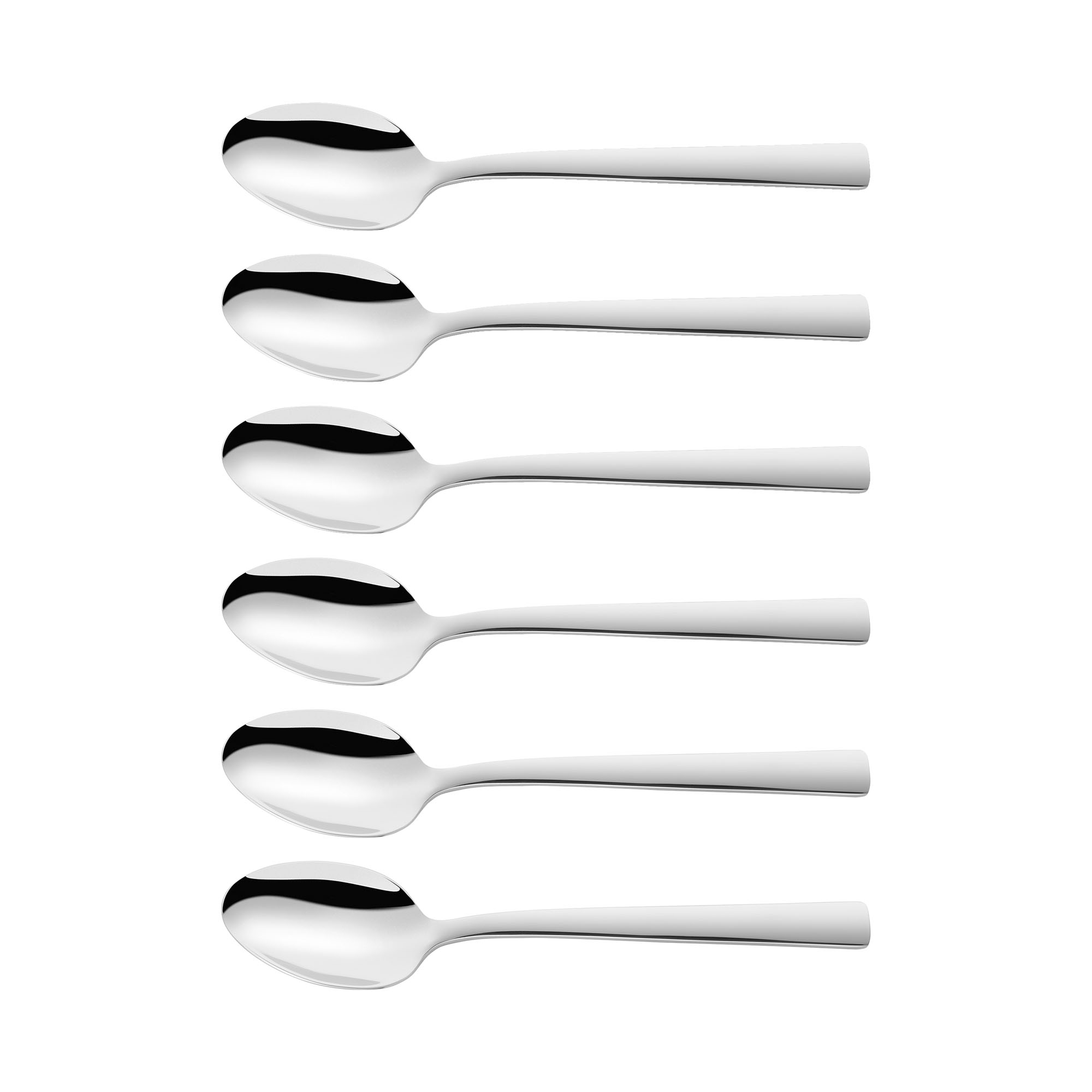 Mehrere Kaffeelöffel aus Metall, Serie Dinner von ZWILLING, polierte Oberfläche, freigestellt auf weißem Hintergrund.