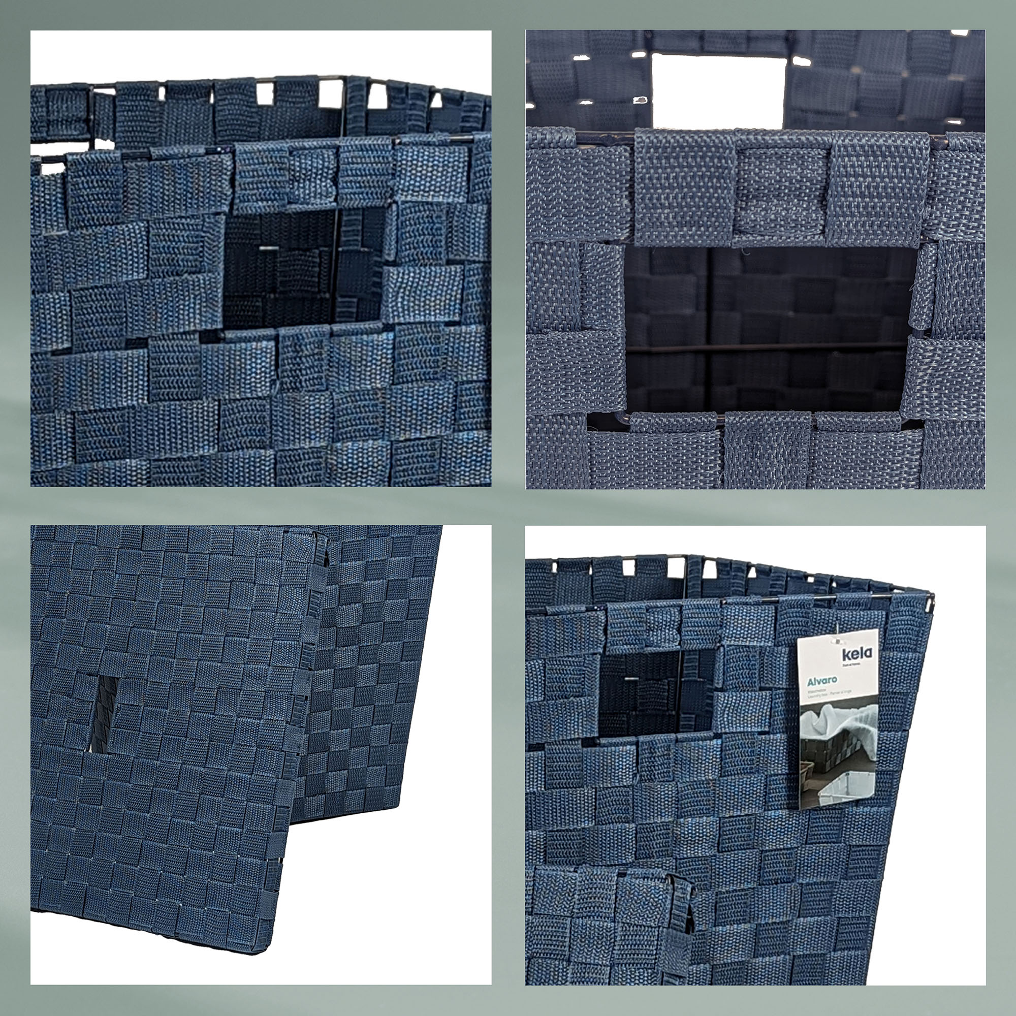 Collage mit Detailansichten von blauer Wäschebox Grifföffnung Deckel Flechtstruktur und Innenansicht