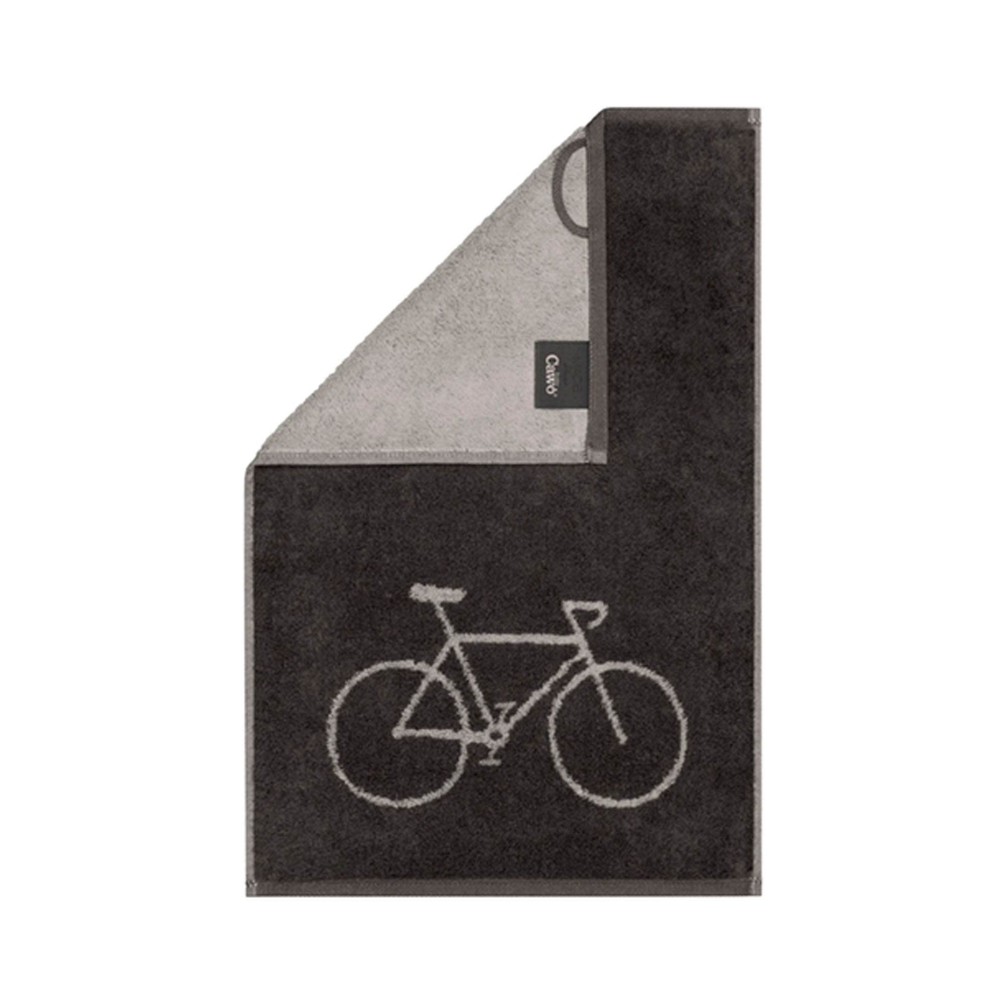Dunkles Gästetuch Postcard Towels in Basalt mit hellem Fahrradmotiv und grau-beiger umgeschlagener Ecke.